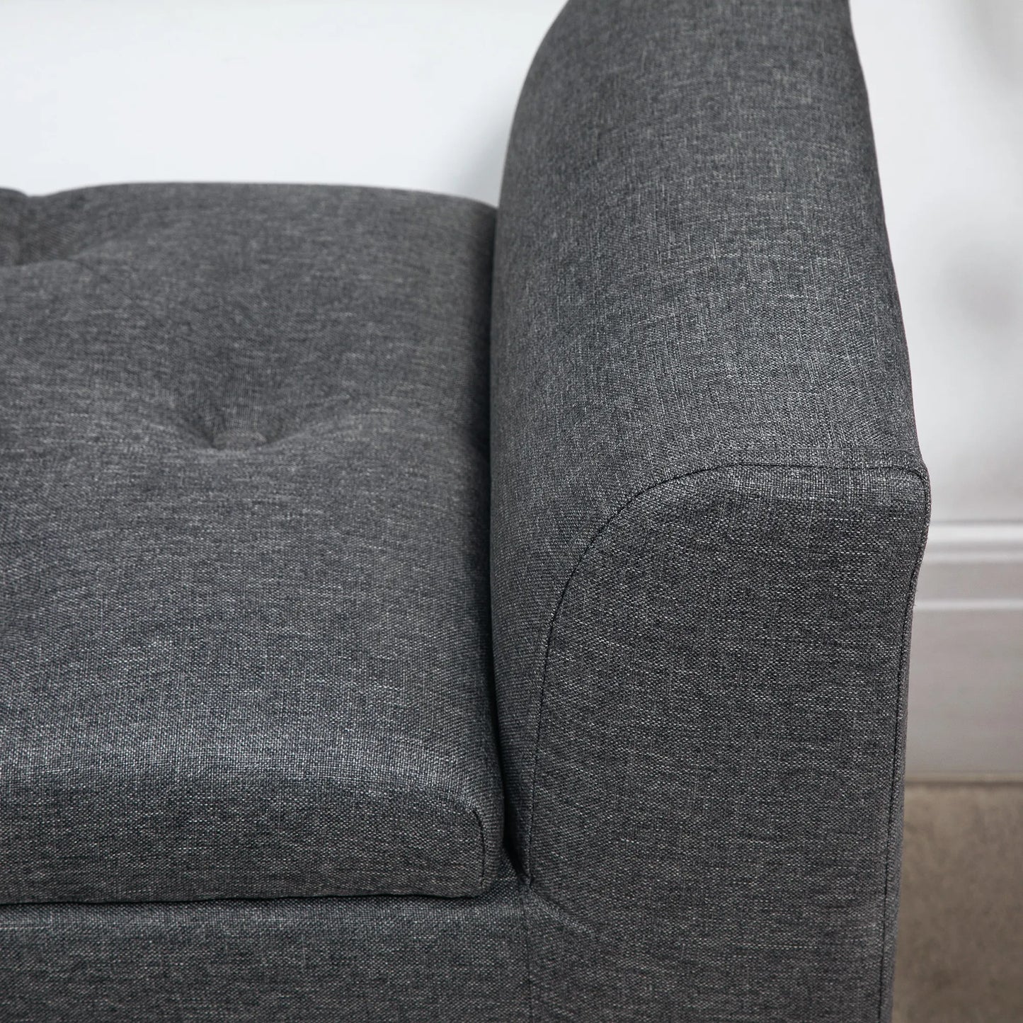 Talpus minkštas suoliukas su lino išvaizda, medinėmis kojomis, gali būti naudojamas kaip suolas iki 130 kg apkrovos, tinkamas svetainei, miegamajam, koridoriui, 116 x 44 x 58 cm Tamsiai pilkas