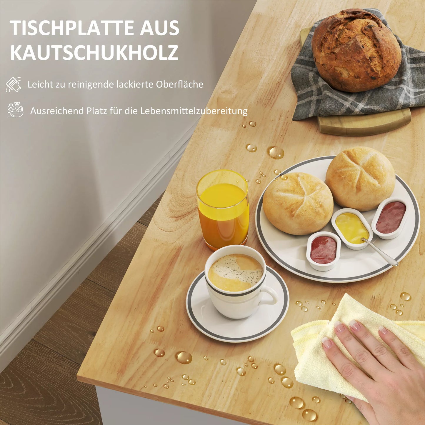 Virtuvės vežimėlis, Riedanti virtuvės sala, Virtuvės vežimėlis su skyreliais, spintelė ir stalviršis, Balta