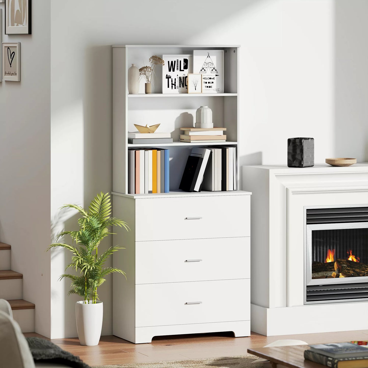 Knygų spinta Aukšta spinta Vitrina su 3 stalčiais, 3 atviromis lentynomis, skirta svetainei ir virtuvei, 79x39,5x180 cm, balta