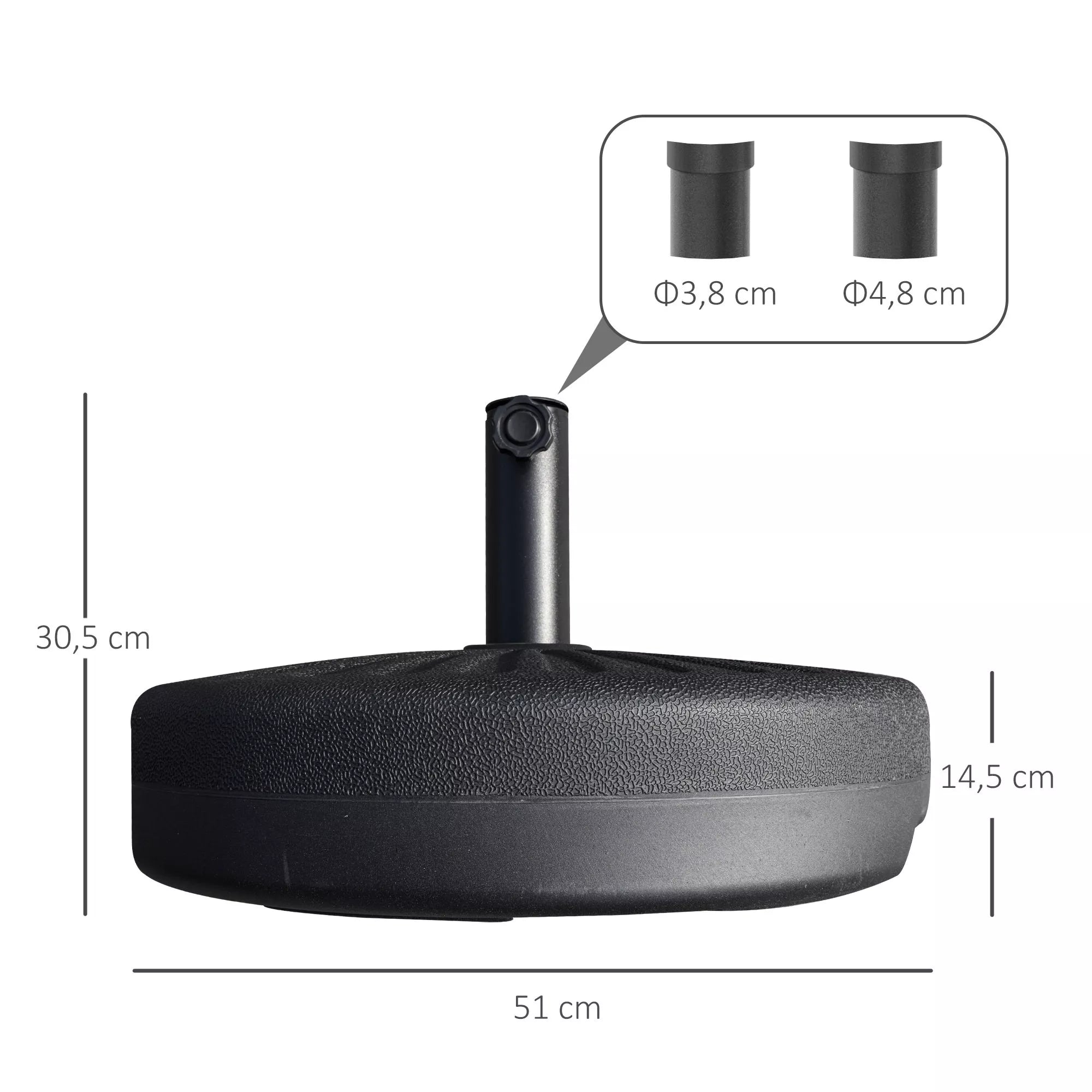 Skėčių stovas 22 kg Skėčių stovas Apvalus skėčių laikiklis, skėčių svoris, stovas skėčiams 38/48 mm vamzdžio skersmuo, balkonui, terasai, sodui, juodas