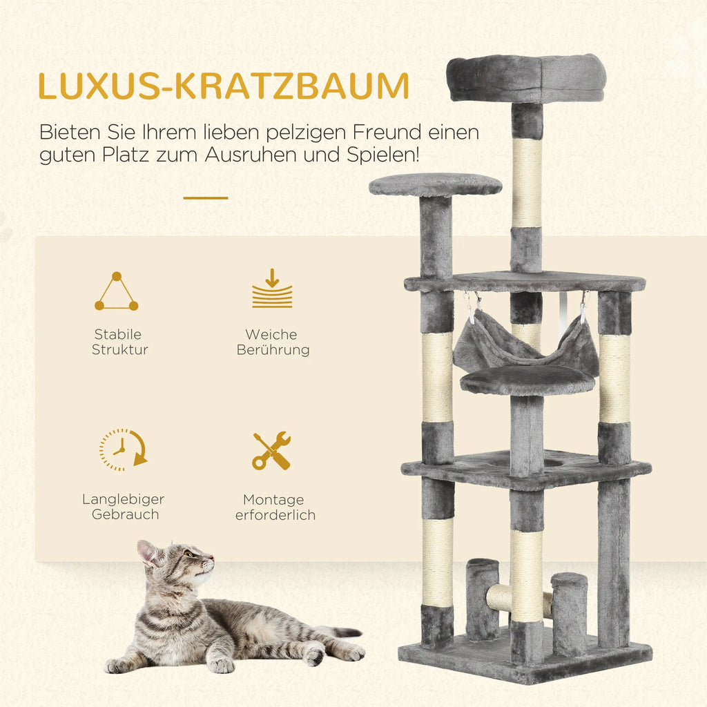 Katės medis 132 cm su hamaku ir draskykle, pilkas