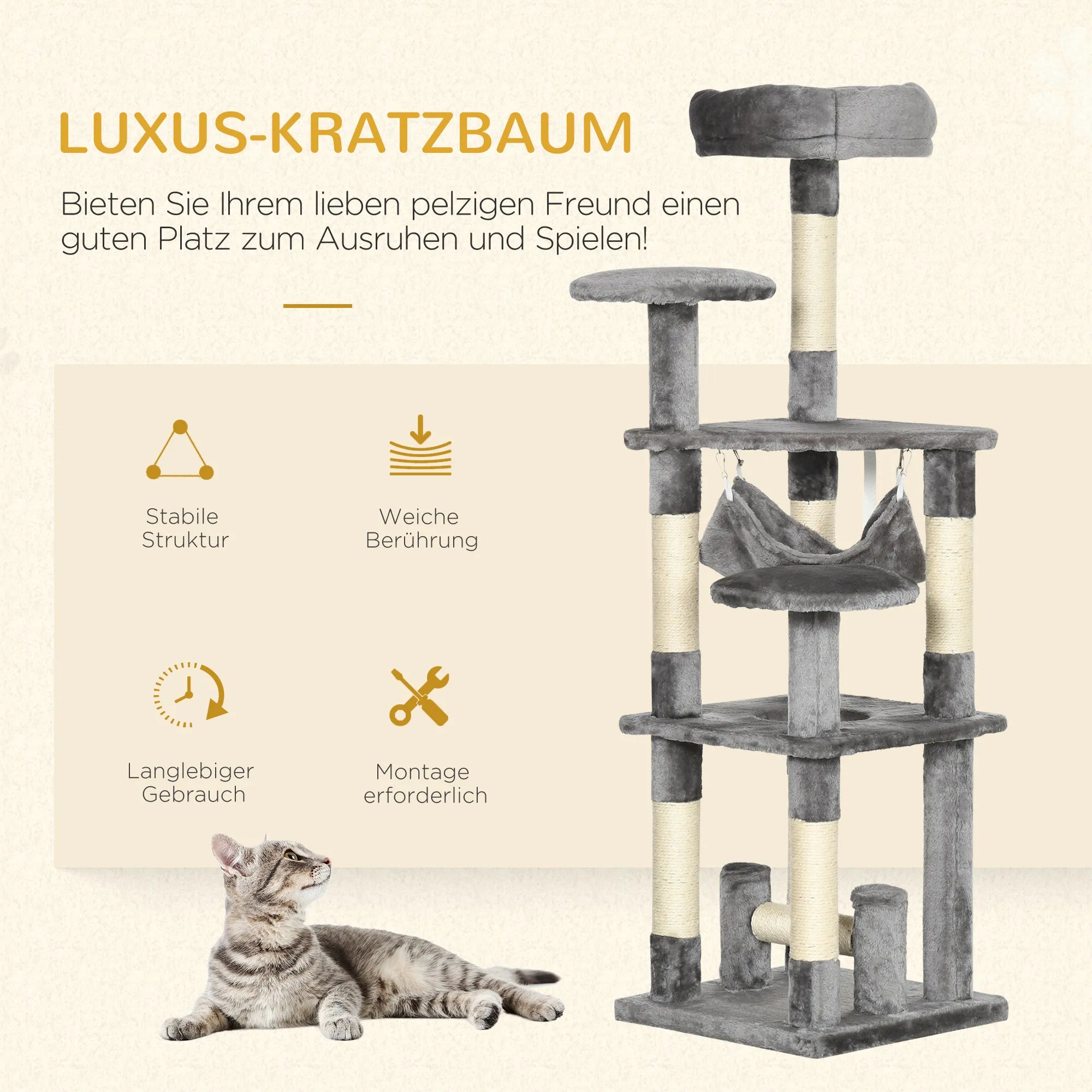 Katės medis 132 cm su hamaku ir draskykle, pilkas