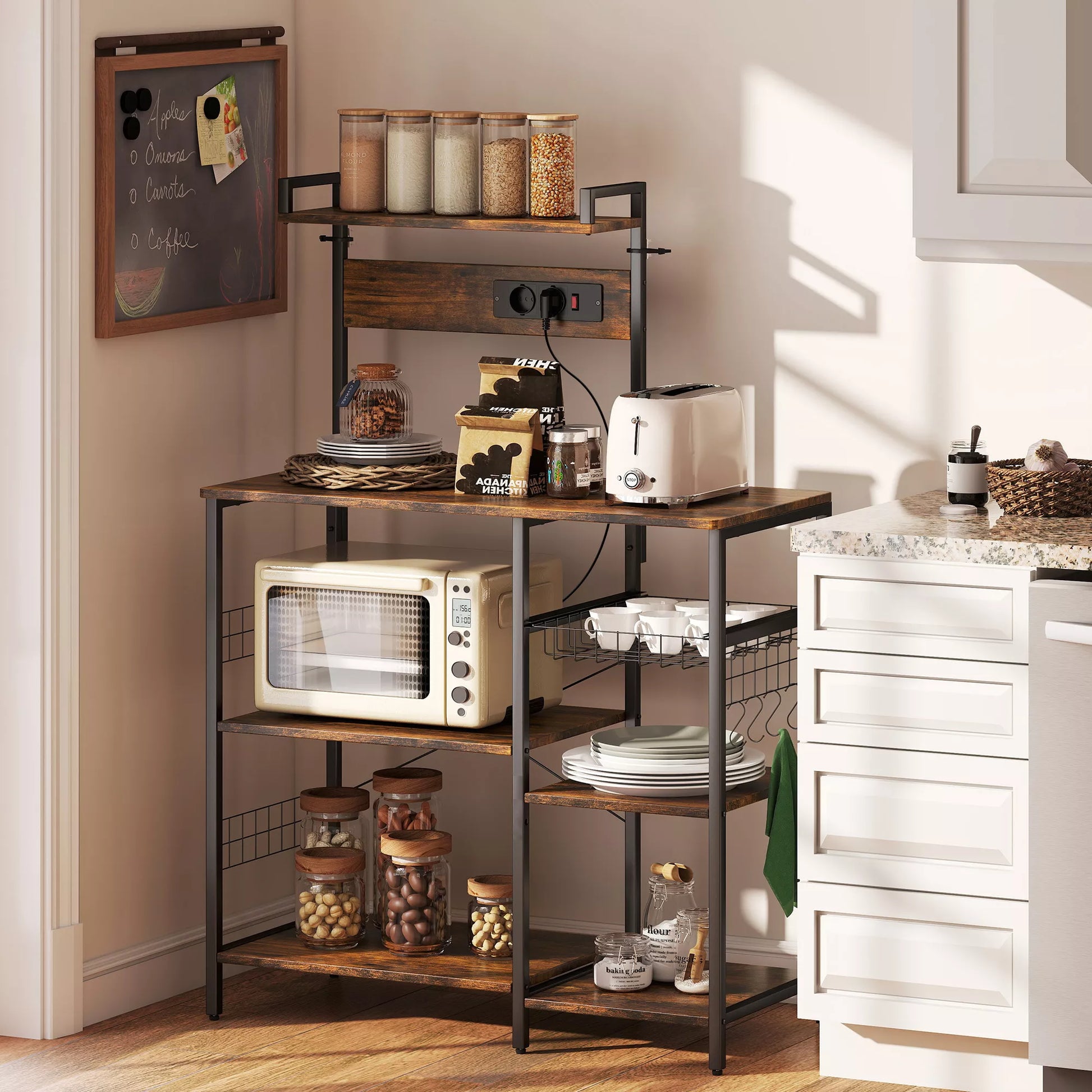 Virtuvės lentynos, stovas su 2 rozetėmis, 5 S formos kabliais, 5 lentynomis, krepšeliu, X formos atramomis iš plieno, 90 x 42 x 130 cm