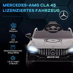 Informacinė grafika apie juodą Mercedes CLA 45 elektromobilį