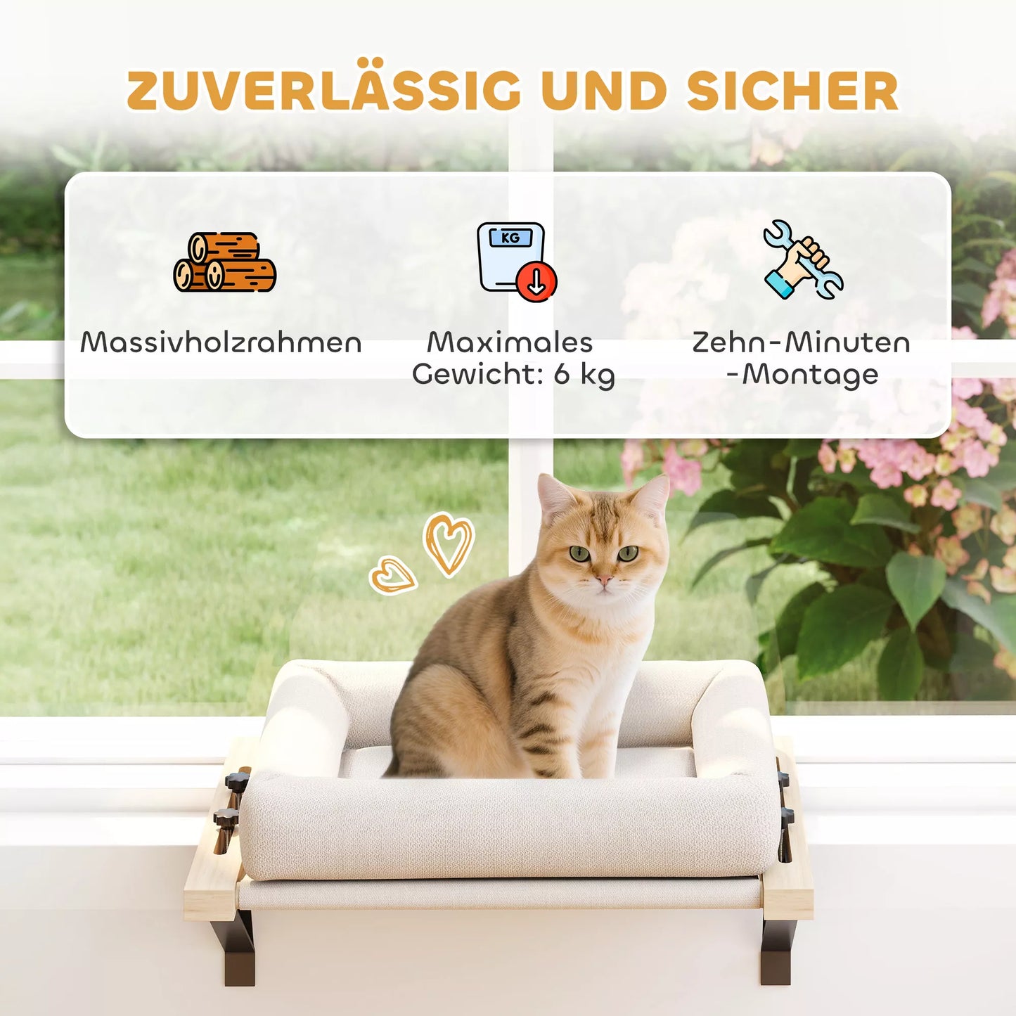 Kačių namelis su tvirtinimu ant palangių ir radiatorių, su pagalvėle, mediniu rėmu, baltas