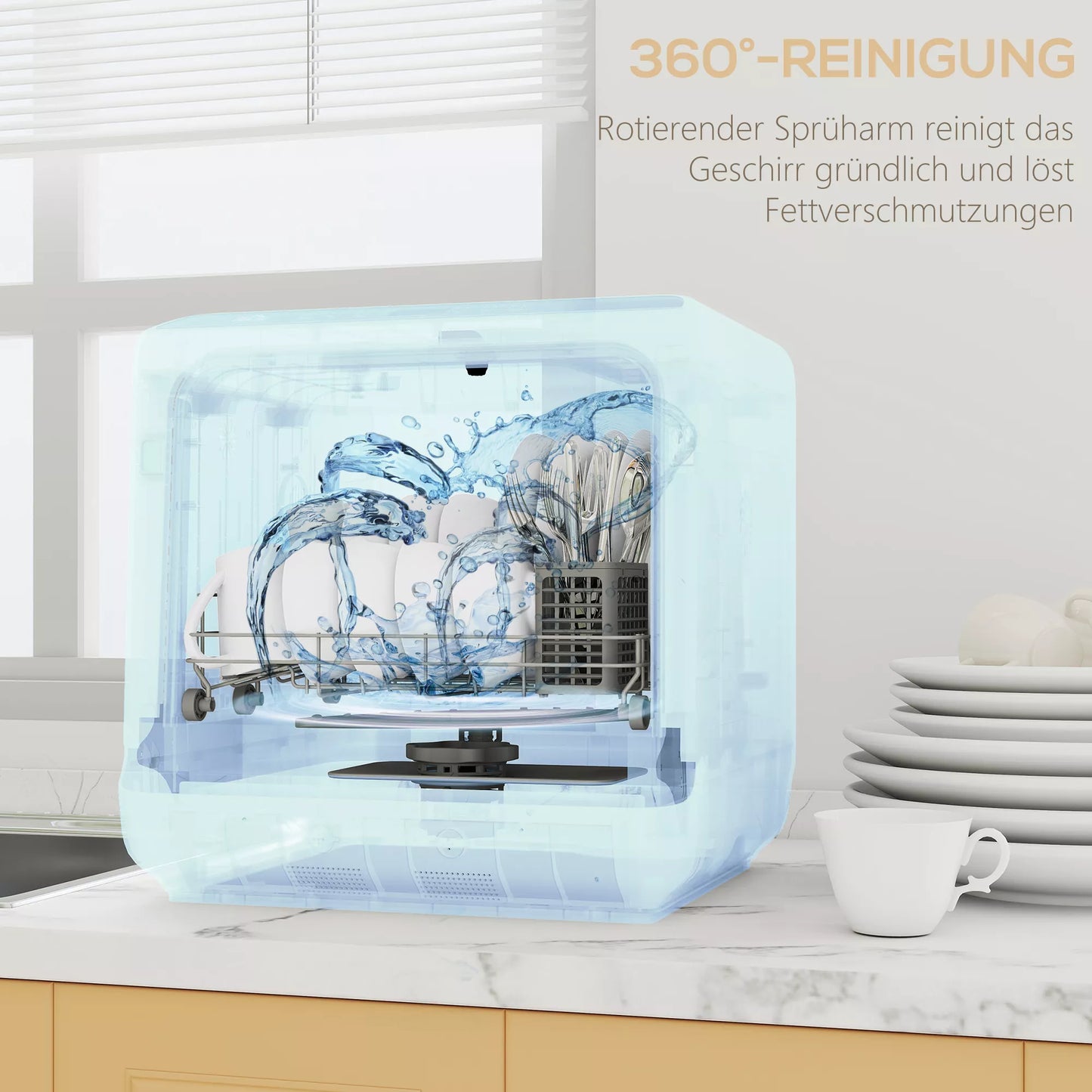 Stalo indaplovė, mini indaplovė su 6 litrų talpa, 5 programomis, LED ekranu, džiovinimo funkcija, balta
