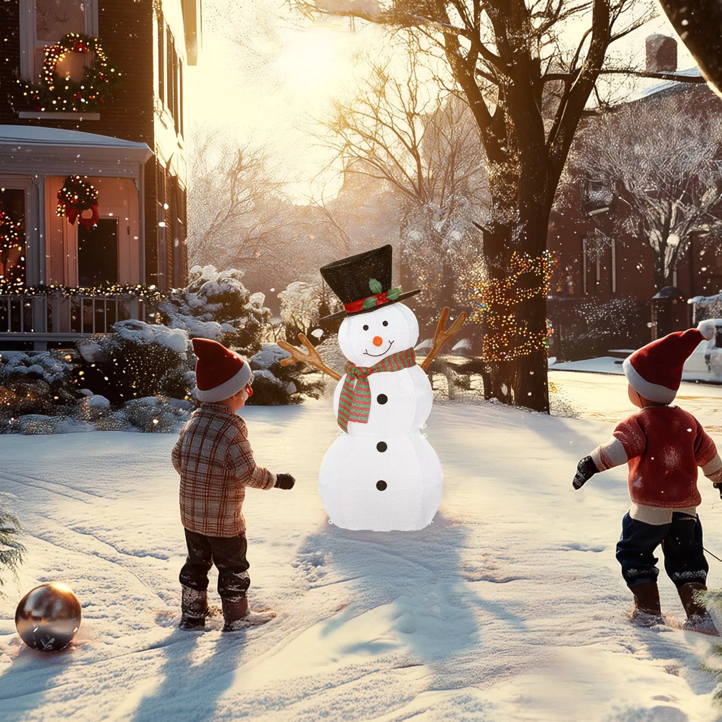 Džiugi sniego senio dekoracija Kalėdoms, lauko dekoracija su LED lemputėmis, Plienas, Poliesteris, Balta+Juoda