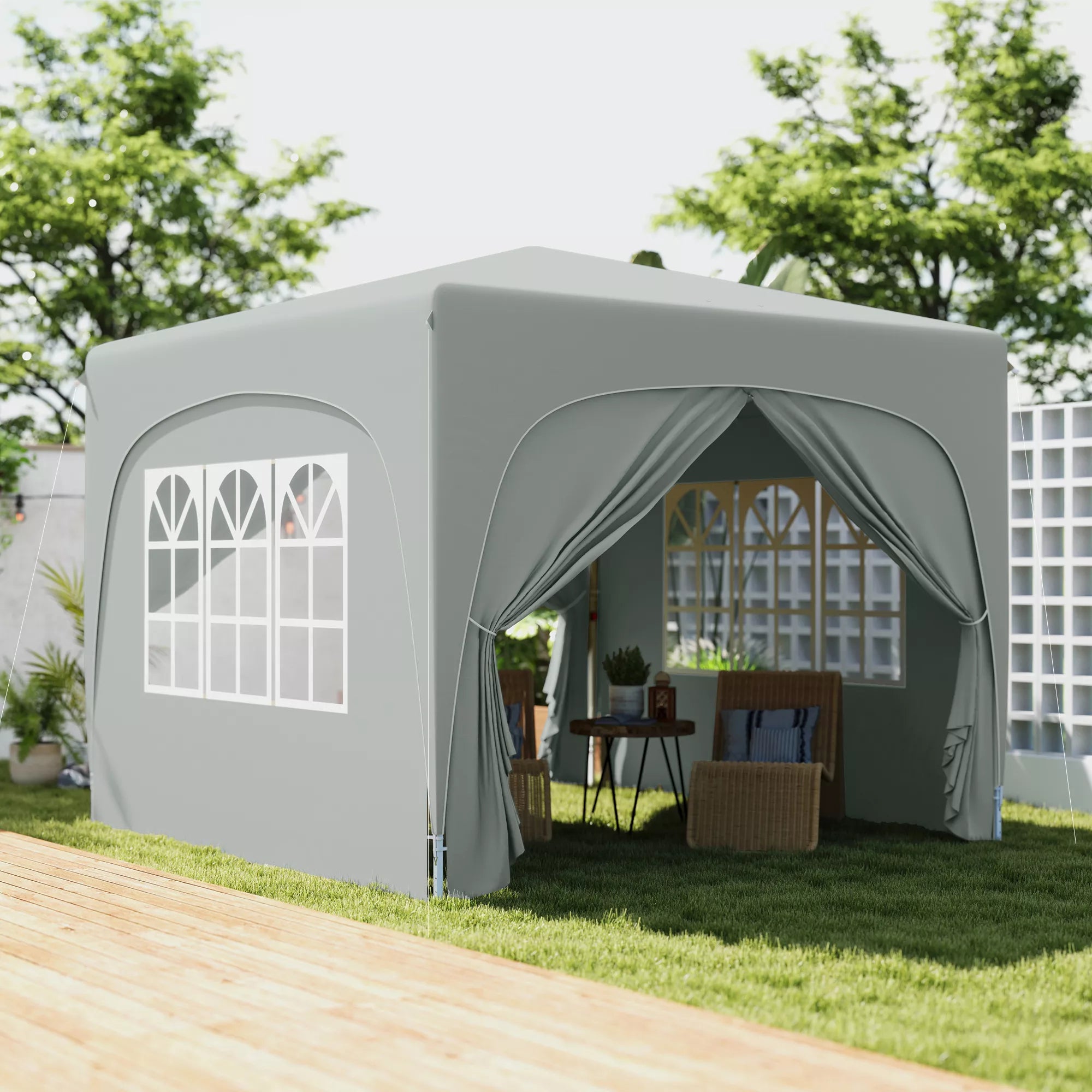 3 x 3 m Paviljonas, „Pop-up“ sodo palapinė su šoninėmis sienelėmis ir nešiojimo krepšiu, UPF50+, reguliuojamo aukščio, smėlio spalvos