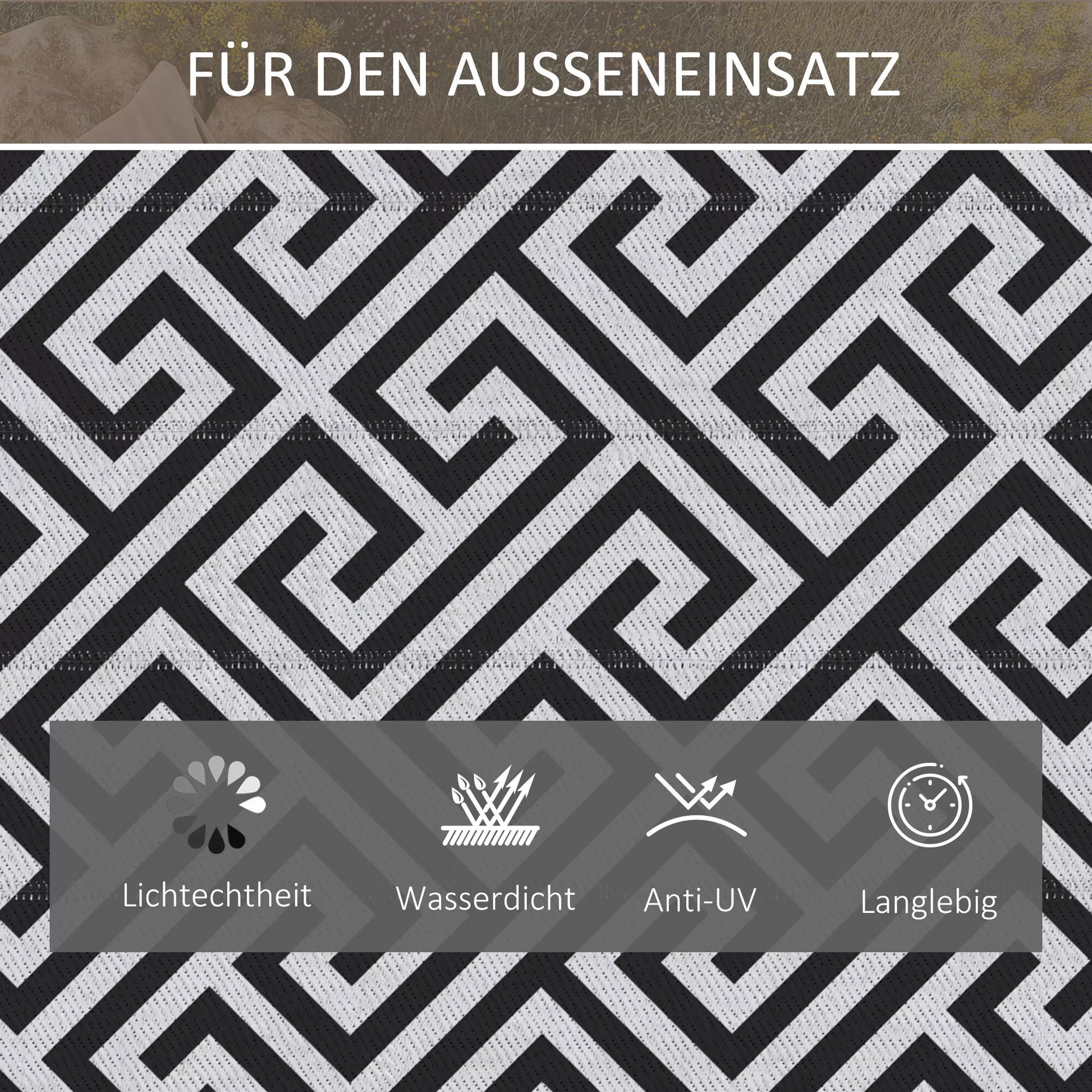 Lauko kilimas, tinkamas naudoti abiejose pusėse, patvarus, kraštai apsaugoti nuo išsiplėšimo, juodas + baltas, 121 x 182 cm