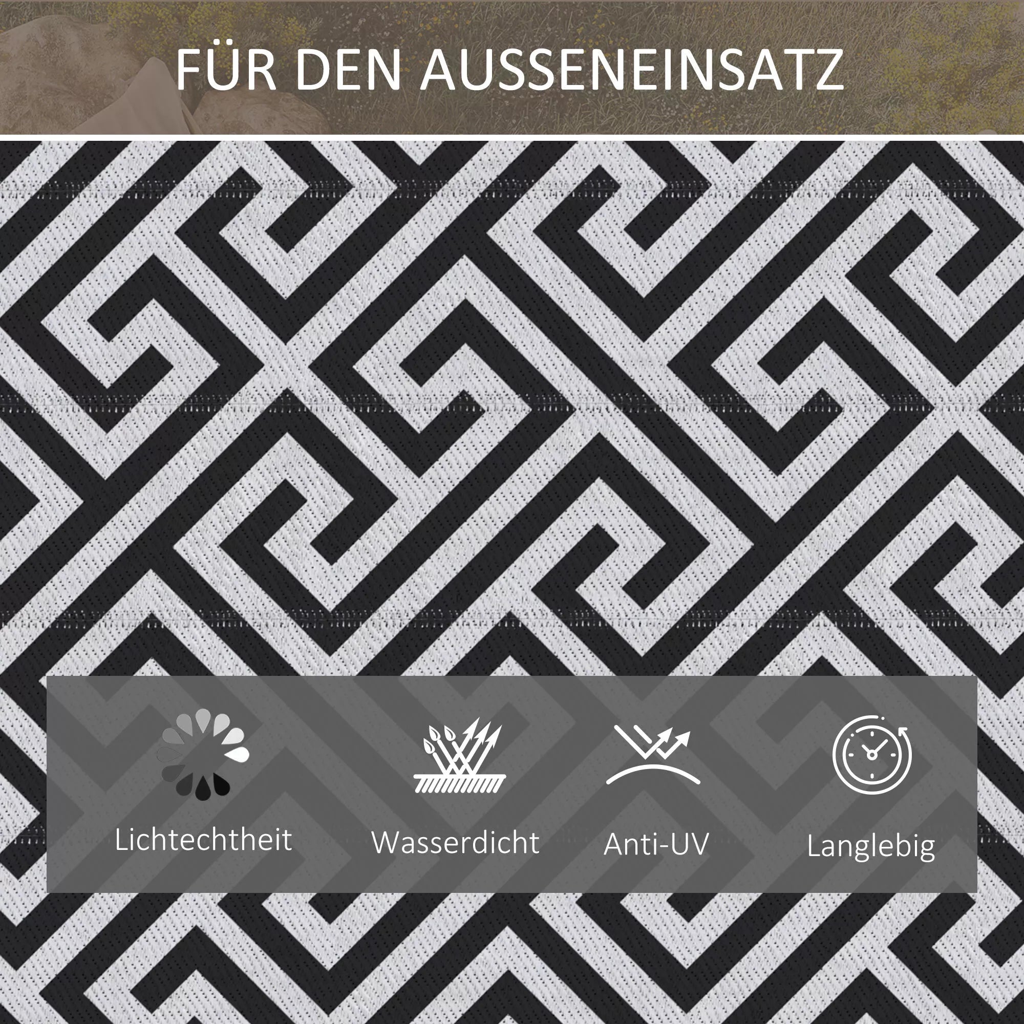 Lauko kilimas, tinkamas naudoti abiejose pusėse, patvarus, kraštai apsaugoti nuo išsiplėšimo, juodas + baltas, 121 x 182 cm