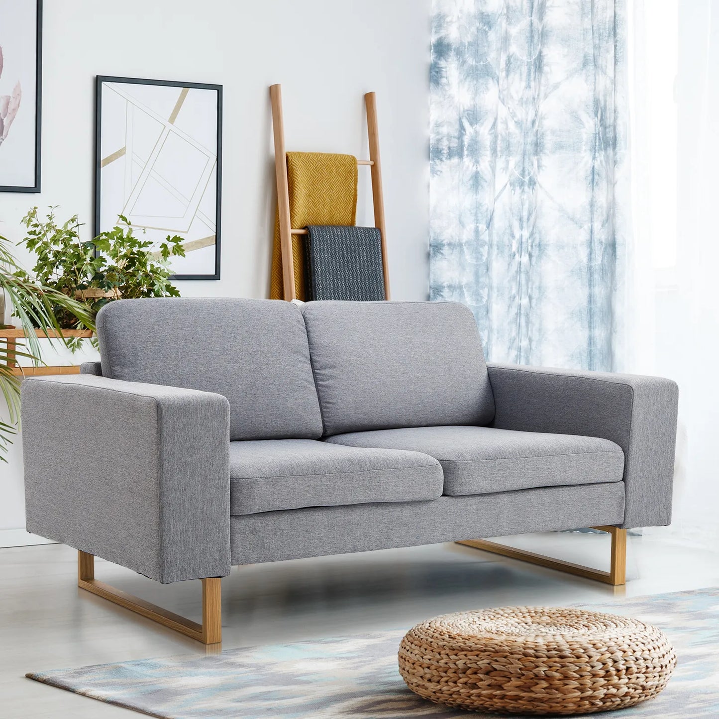 ® 2 vietų sofa, audinio sofa, kampinė sofa, minkšta sofa su porankiais, medinė, šviesiai pilka, 145 x 82 x 78 cm