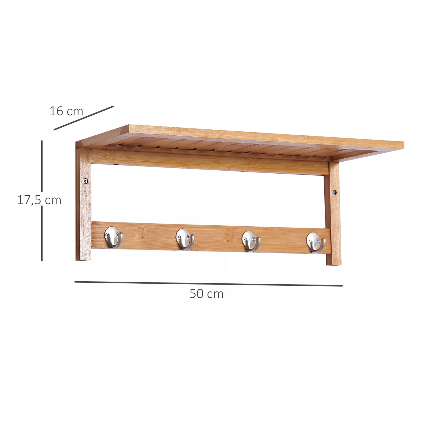 Sieninė drabužinė su kabliukais, tvirtinama prie sienos, erdvę taupanti, atlaiko iki 5 kg, 50 x 16 x 17,5 cm, natūralaus medžio