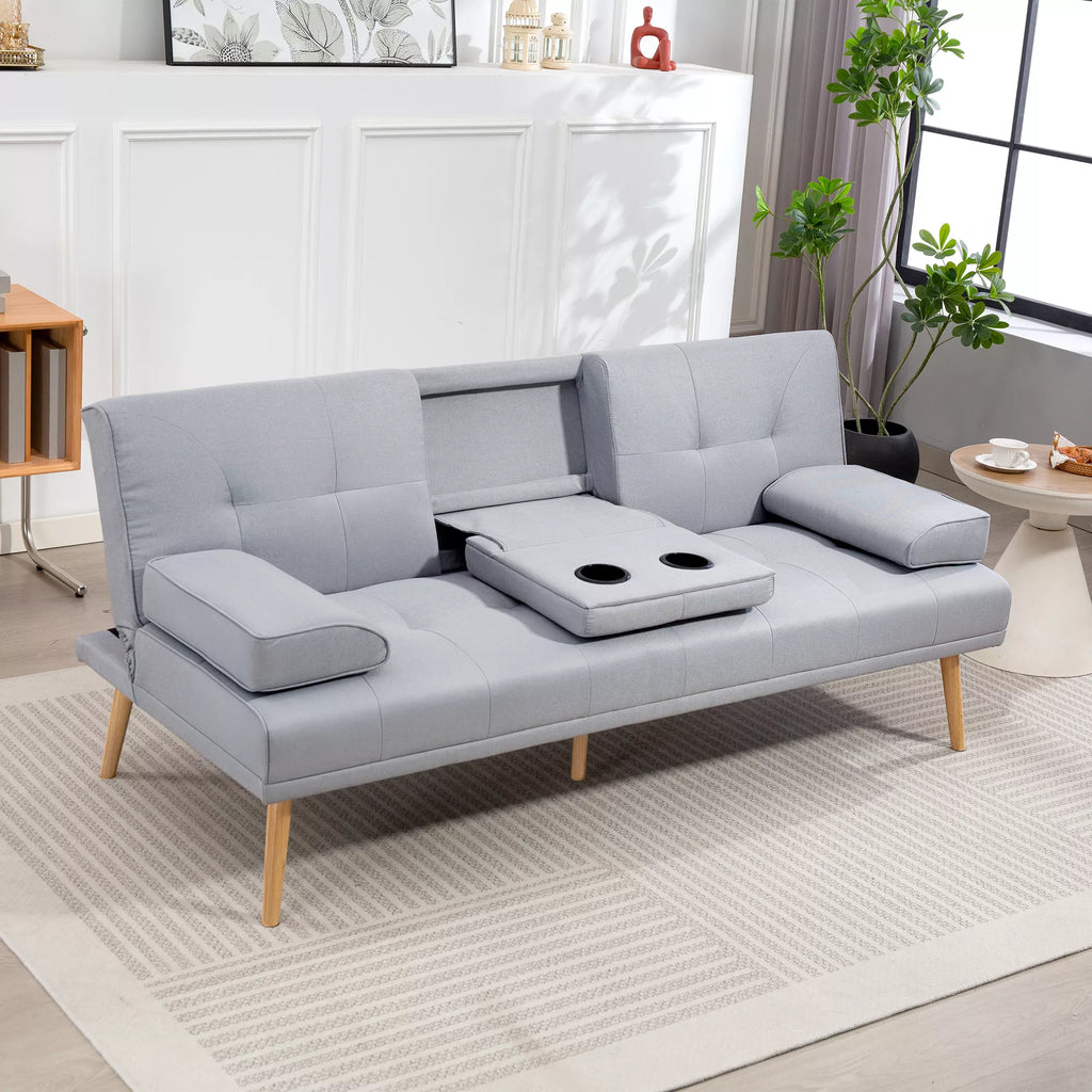 Miegamasis sofos, 3-vietė sofa, miegamasis sofos su atlenkiamu stalu, puodelių laikiklis, lino išvaizdos miegamasis sofos, svetainės svečių sofa, šviesiai pilkos spalvos
