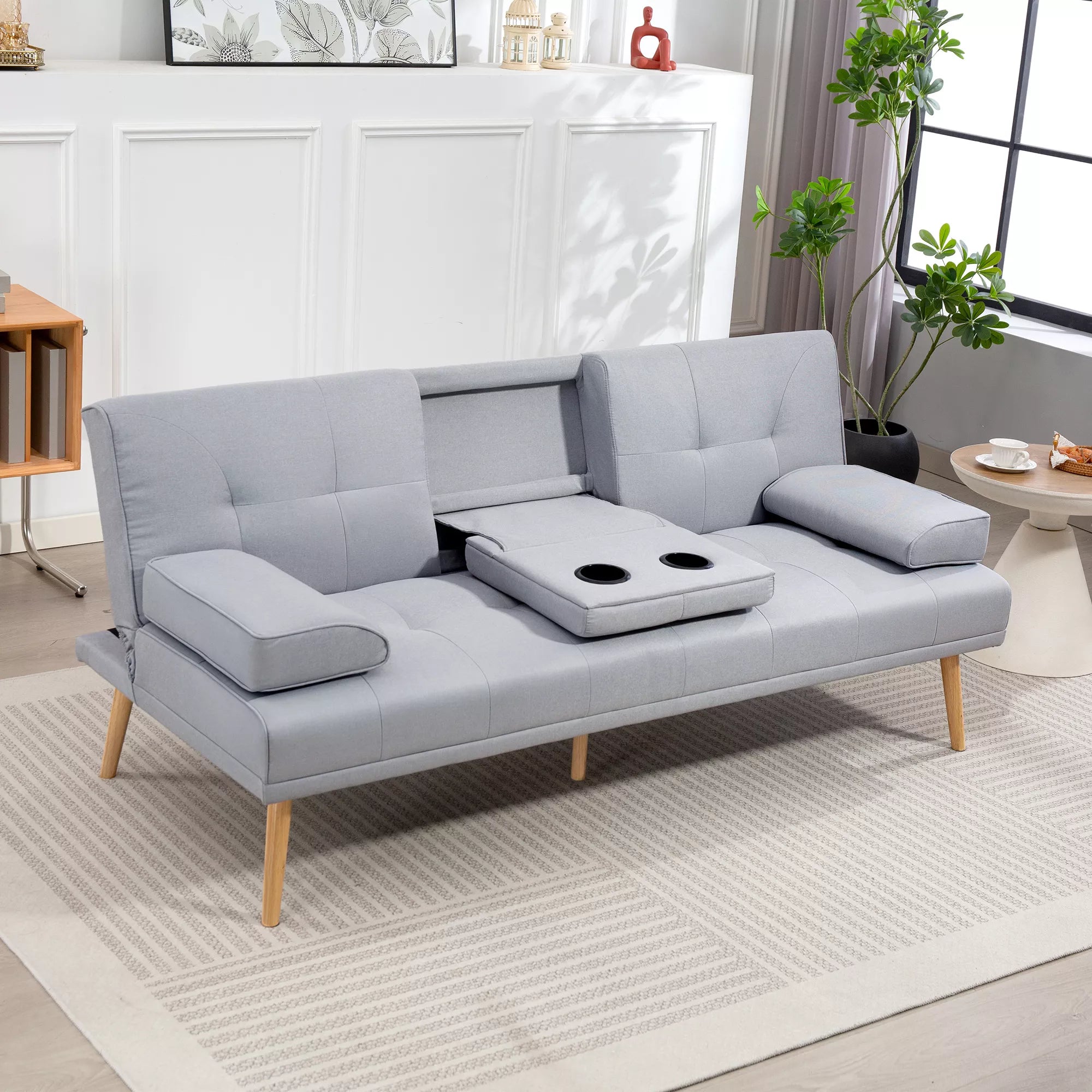 Miegamasis sofos, 3-vietė sofa, miegamasis sofos su atlenkiamu stalu, puodelių laikiklis, lino išvaizdos miegamasis sofos, svetainės svečių sofa, šviesiai pilkos spalvos