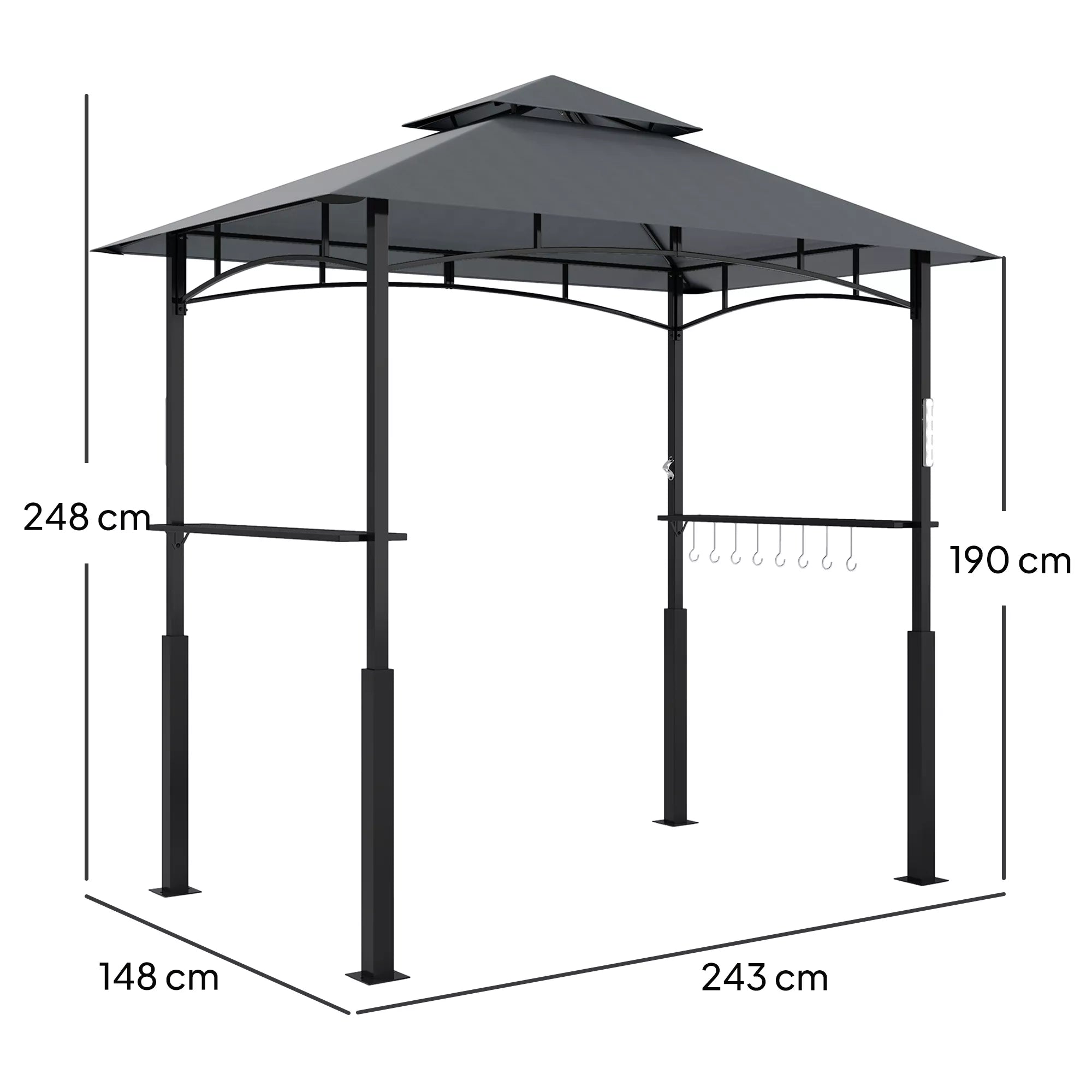 Grill paviljonas, sodo grilio palapinė su prieskonių lentynomis, LED apšvietimas, metalas, plastikas, 243L x 148B x 248H cm, pilkos spalvos
