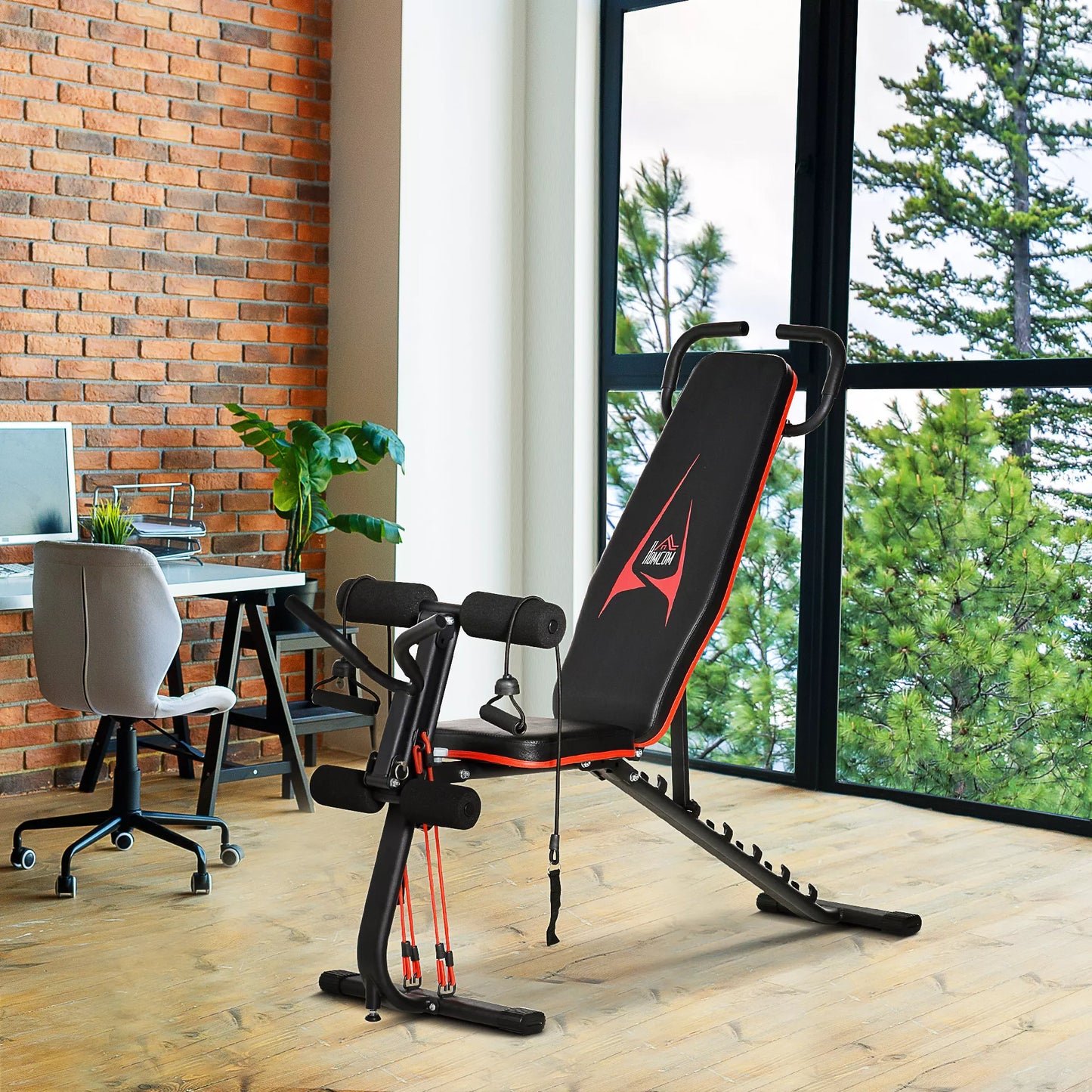 Reguliuojamas treniruočių suoliukas su gumomis, suoliukas atsispaudimams namų treniruotėms, 6 atlošo pozicijos, keliamoji galia iki 150 kg, plienas, dirbtinė oda, juoda+raudona, 145 x 49 x 48-127 cm