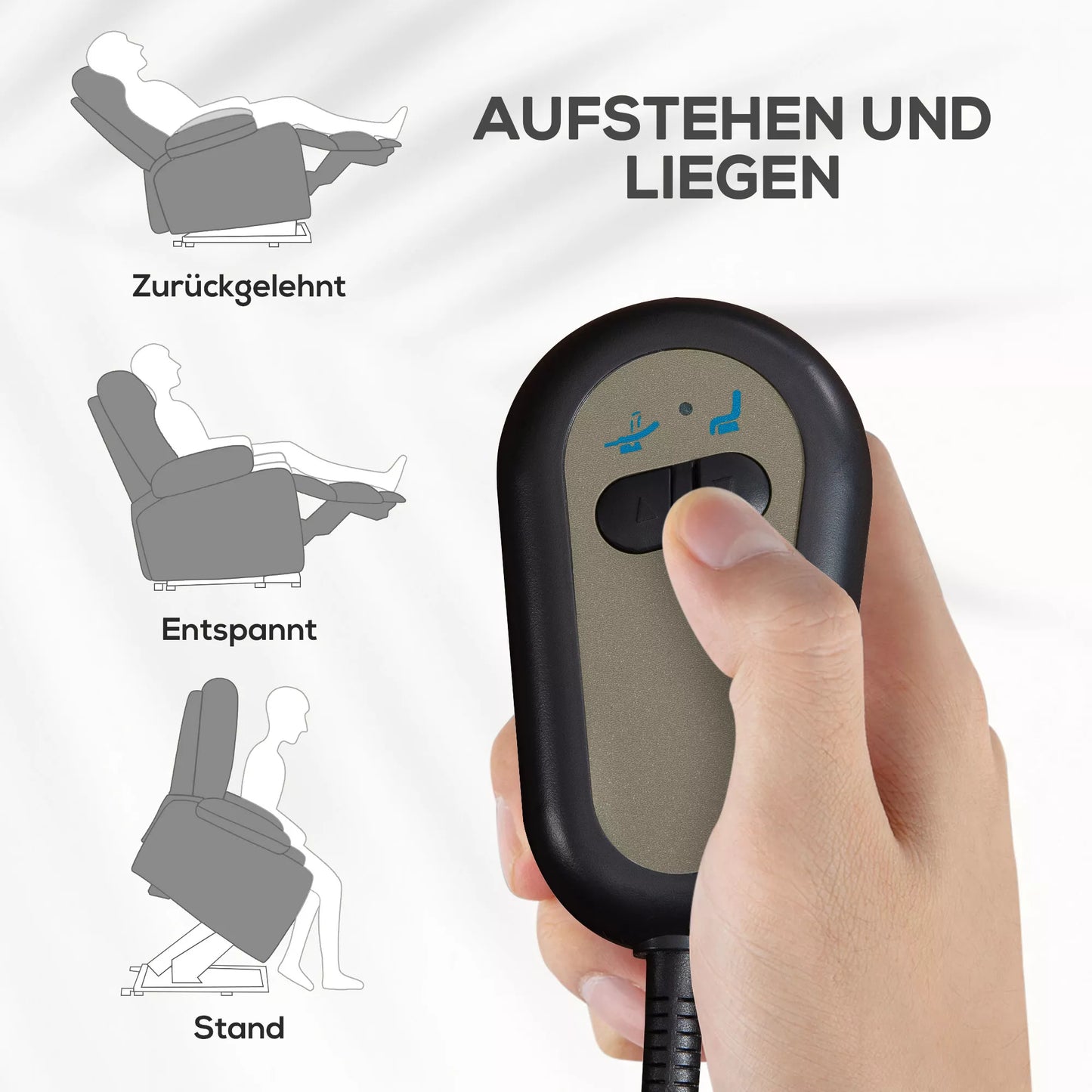 Relaksacinis krėslas su pagalba atsikeliant, reguliuojama atlošas ir kojų atrama, iki 120 kg, 66 x 90 x 96 cm, Pilkos spalvos