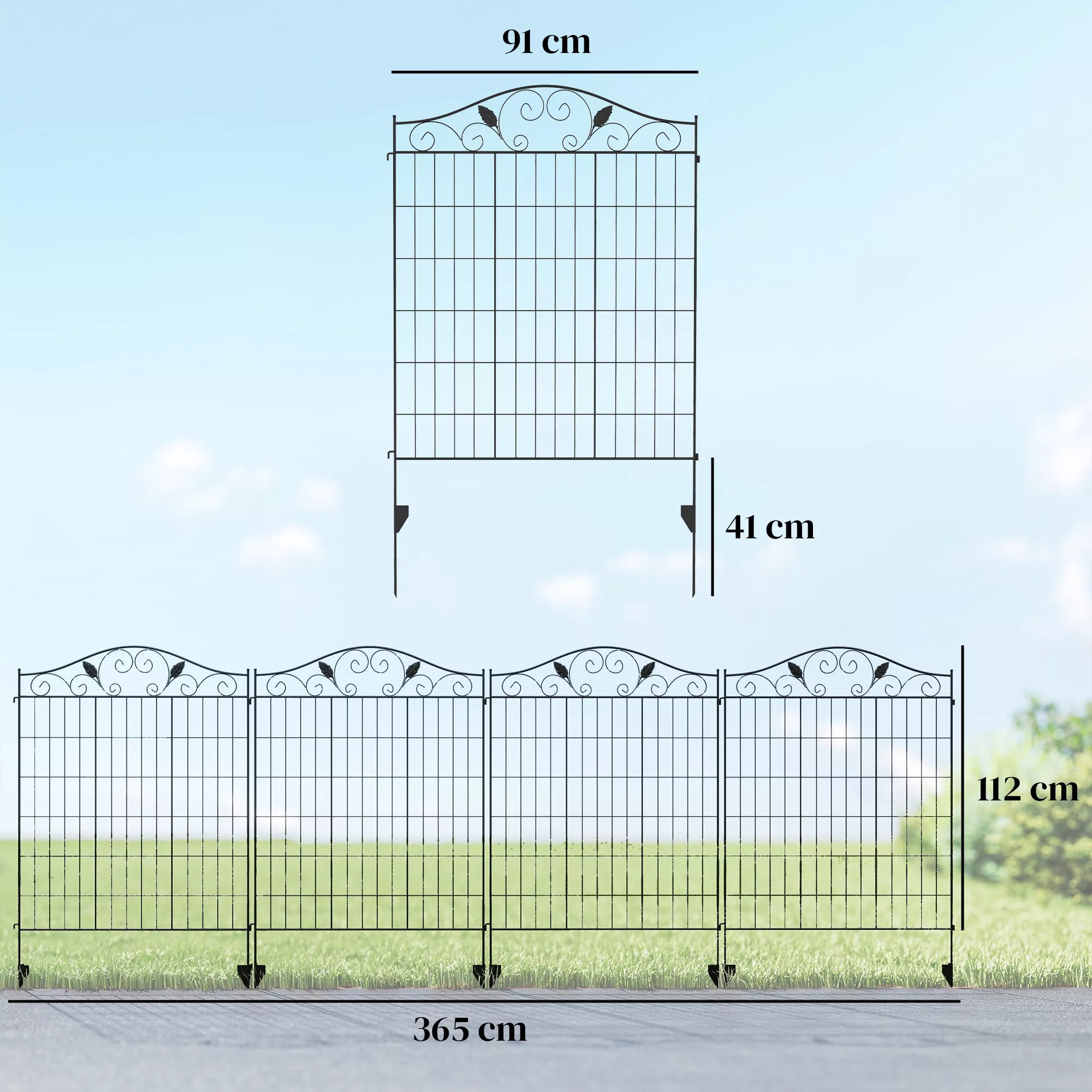 Dekoratyvinė sodo tvorelė su vijoklių raštais ir tvirtinimo smaigais, metalinis erdvės skirtuvas, plienas, 365x112 cm, juoda