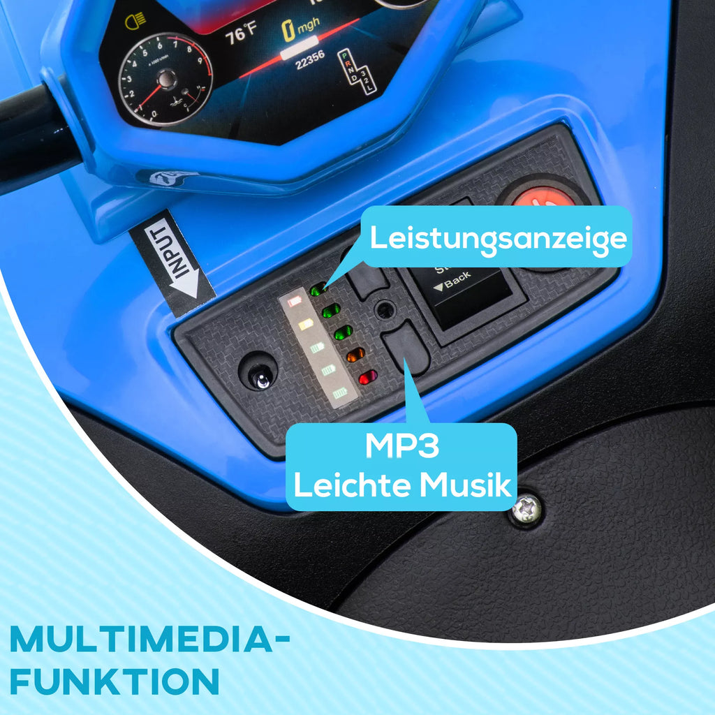 Elektrinis vaikų keturratis, šviesos ir muzikos efektai, amortizacija, 5 km/h, 50 min. važiavimo laikas, skirtas 3–5 metų vaikams, mėlynos spalvos