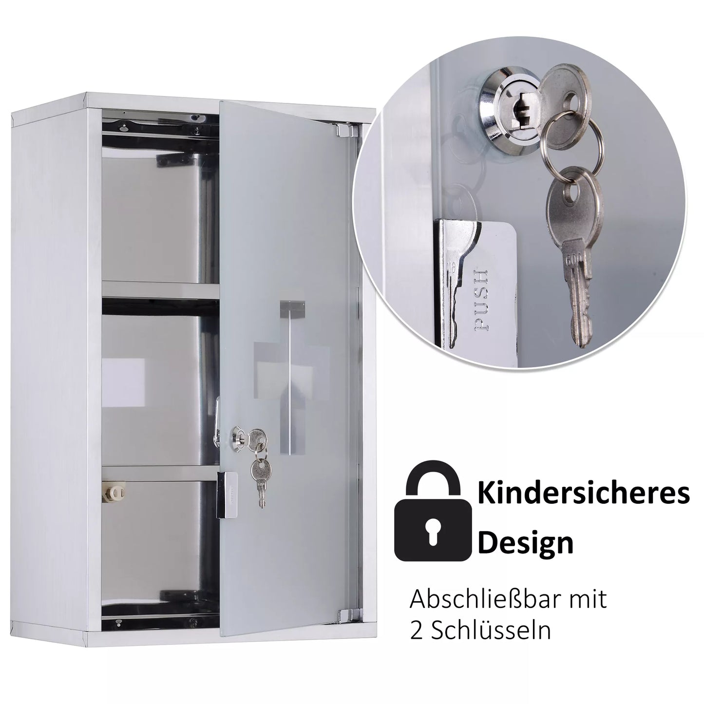 Medicinos spintelė Vaistų spintelė iš nerūdijančio plieno, užrakinama Vaistų spintelė su 3 skyreliais, stiklinėmis durelėmis Vaistų spintelė vaistams laikyti, 30 x 18 x 50 cm