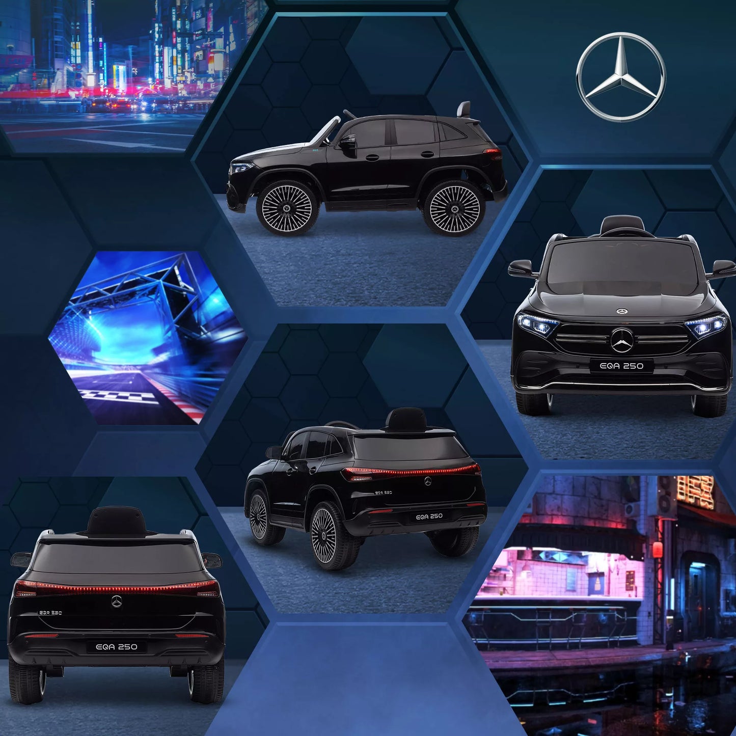 Elektrinis vaikiškas automobilis, licencijuotas Mercedes-Benz EQA, 3-8 km/h, muzika, priekiniai žibintai, garso signalas, nuotolinis valdymas, juodas