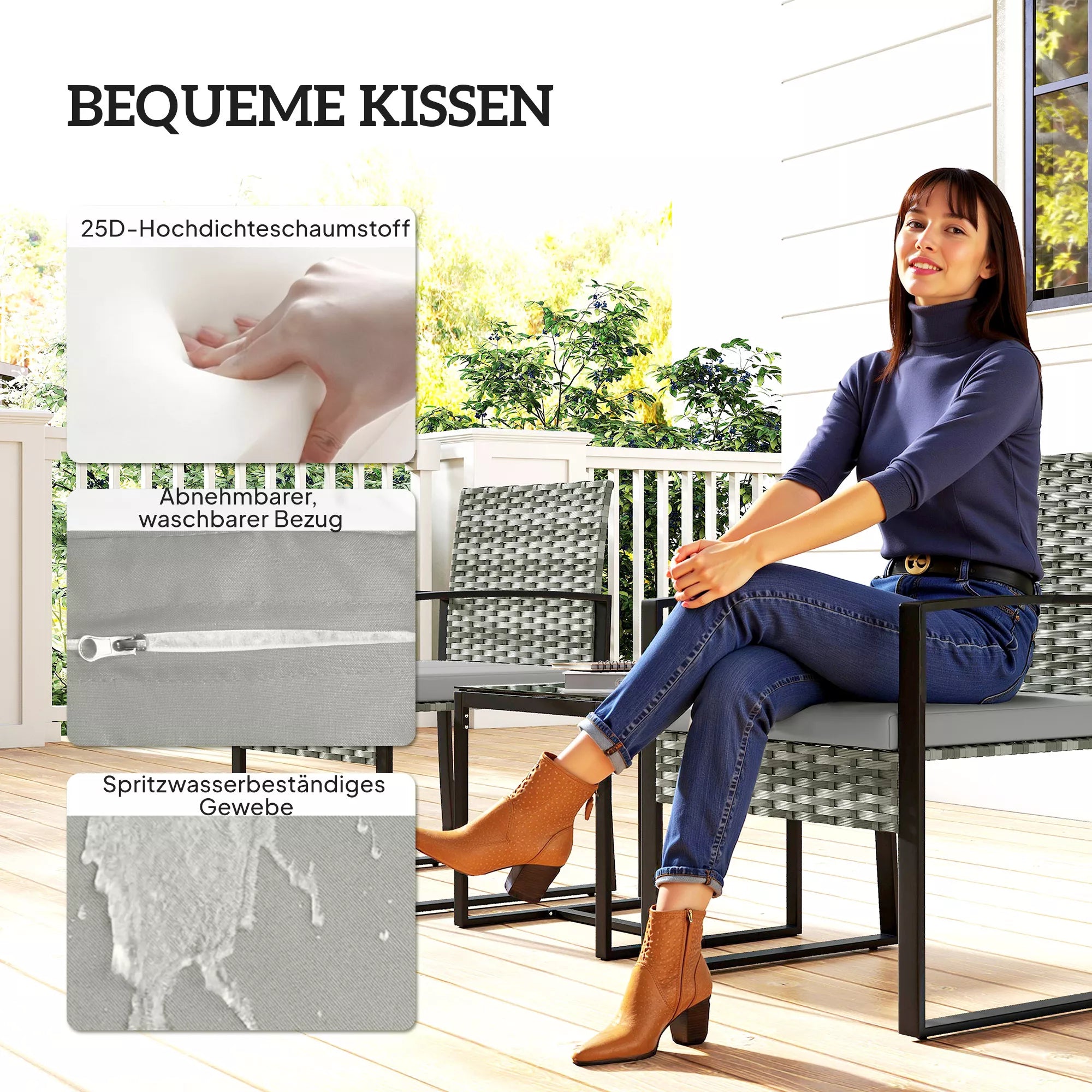 Rattan bistro rinkinys, 3 dalių sodo baldų rinkinys su 2 sodo kėdėmis, kavos staliuku, nuimamais pagalvėlėmis, šviesiai pilkos spalvos
