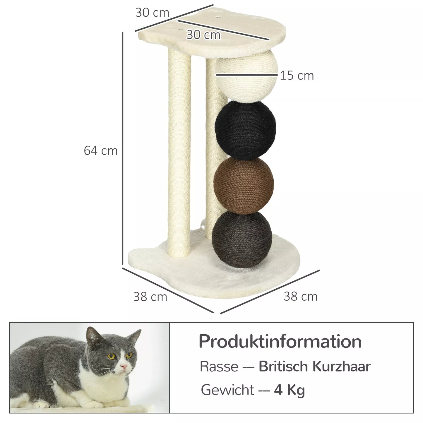 Draskyklė katėms, kačių draskymo medis su platforma, draskymo stulpas su 2 sizaliniais stulpeliais ir 4 sizaliniais kamuoliukais, katės draskyklės žaislas, 38 x 38 x 64 cm