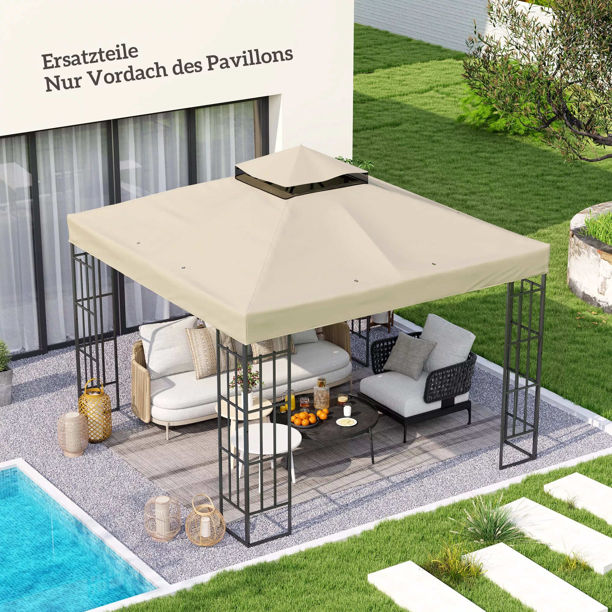 3 x 3 m atsarginis paviljono stogas, atsarginis paviljono tentas su vandens nutekėjimo angomis, UPF30+, apsauga nuo saulės, kreminė balta spalva
