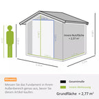 Sandėliuko matmenų schema: vidaus plotas 2,37 m², pagrindas 2,77 m²
