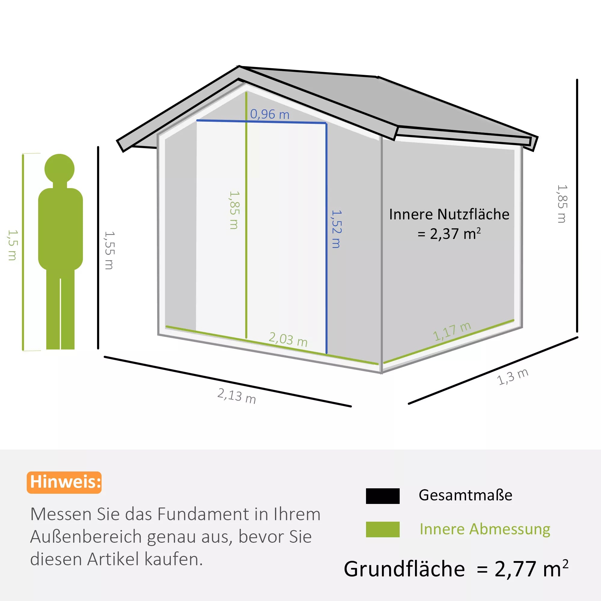 Įrankių sandėliuko matmenų schema su 2,77 m² vidiniu plotu