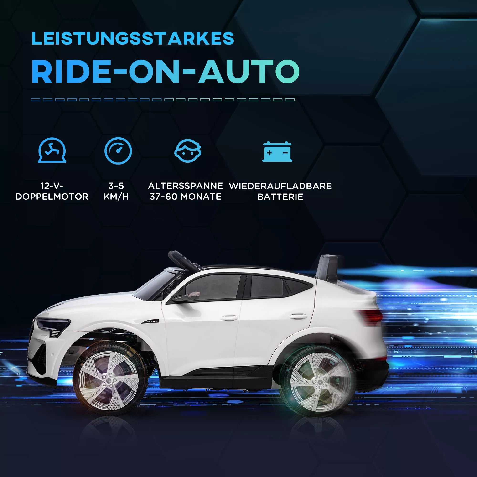 Baltas vaikų Audi automobilis su savybių piktogramomis