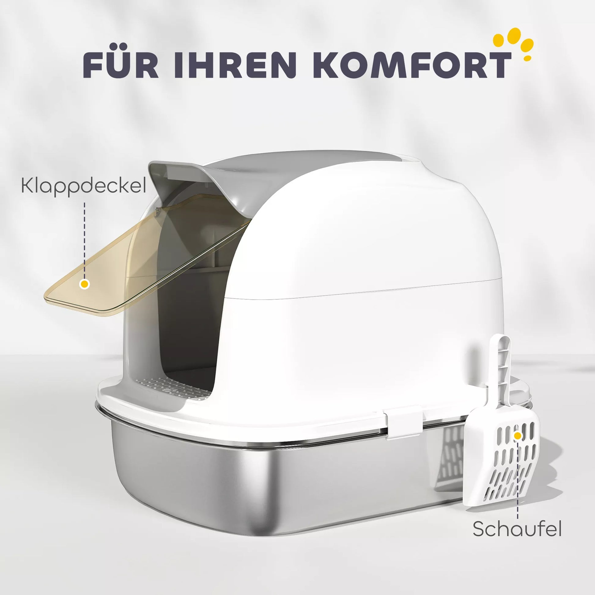 Katės tualetas iš nerūdijančio plieno su dangčiu, katės tualetas su vonele, kastuvėlis, skirtas katėms, sveriančioms mažiau nei 5 kg, 52,4 x 41,3 x 42 cm, baltas