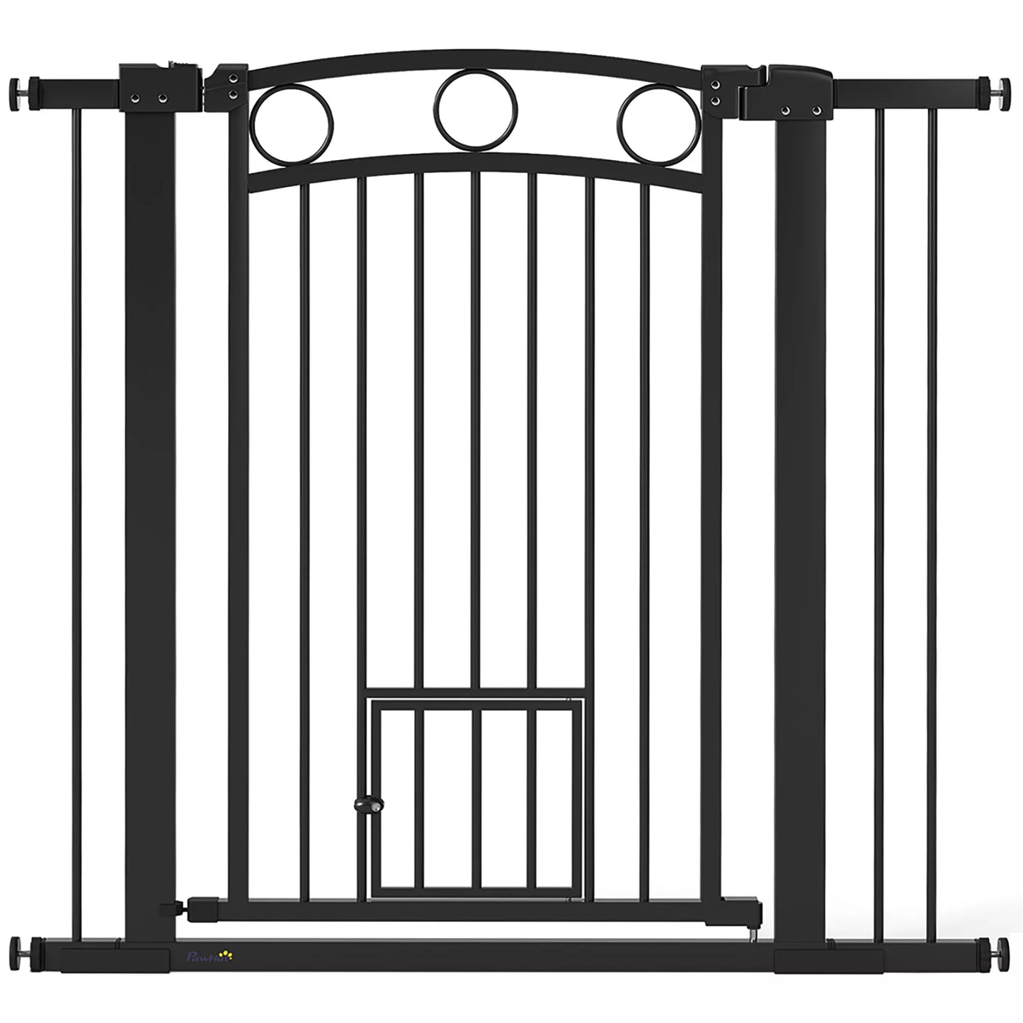 Naminių gyvūnų varteliai, 96 cm laiptų užtvaros, reguliuojamas plotis 76–104 cm, su katės durelėmis, skirtos laiptams ir durų angoms, juodos spalvos