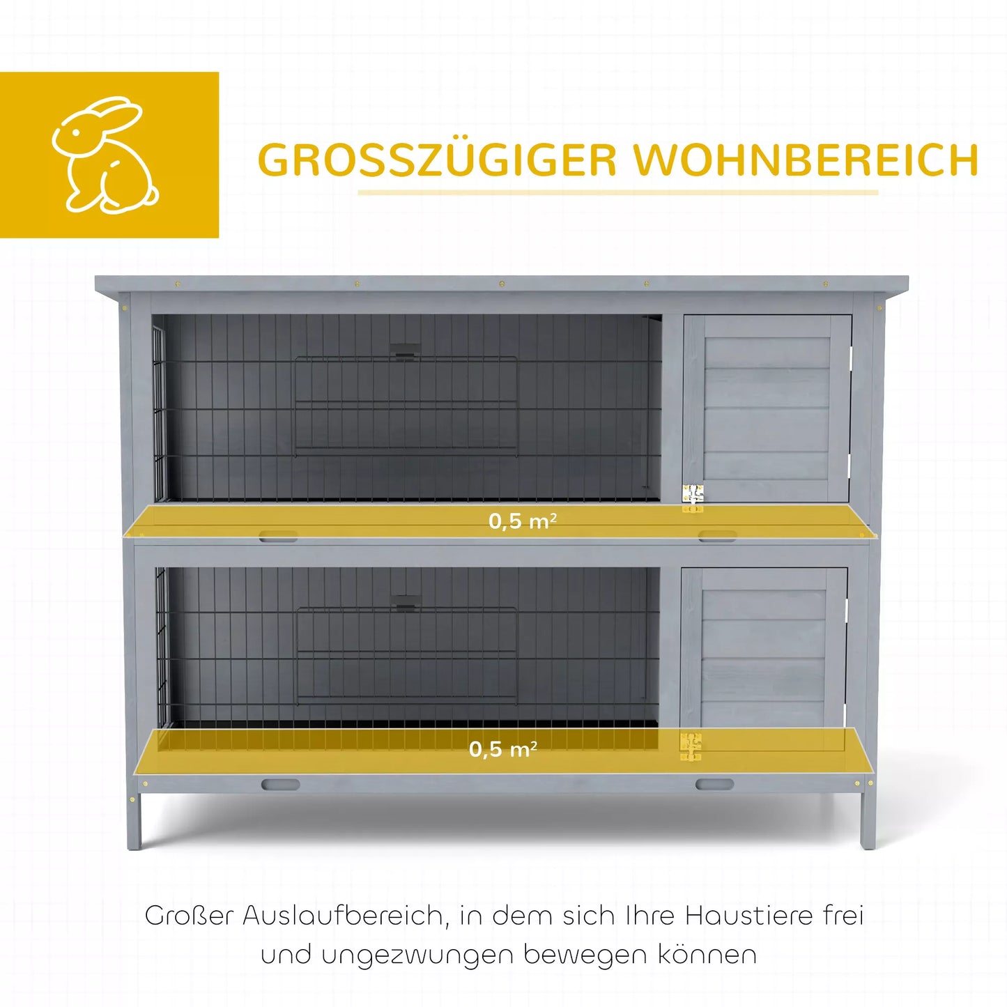 Triušių narvas, dviejų aukštų su ištraukiamu padėklu, medis ir bituminė stogo danga, 136,4x50x93 cm, pilkas