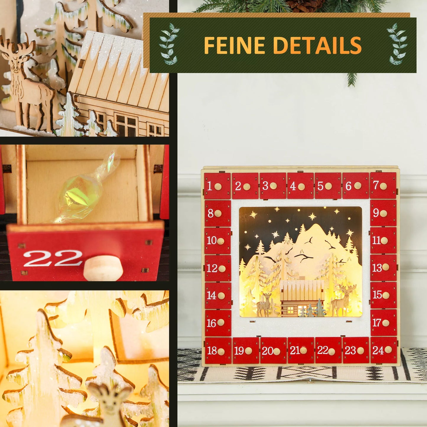 LED Advento kalendorius su kaimo scena, 24 dideli stalčiai, MDF, 34 x 7 x 34 cm, Raudonas