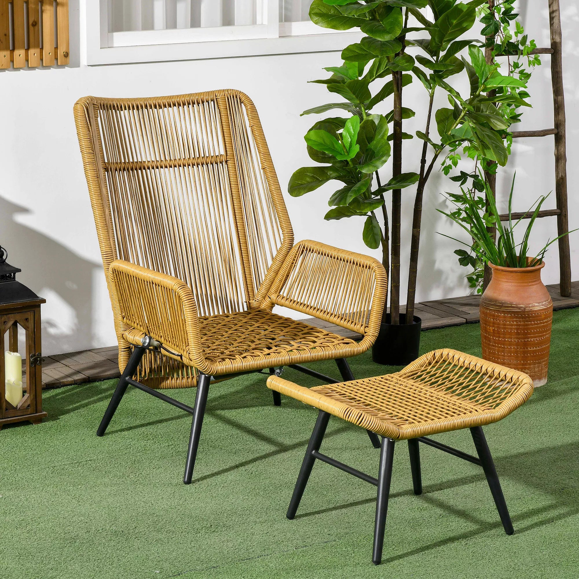 Polyrattan sodo kėdė ir taburetė, reguliuojamas atlošas, šviesiai ruda/pilka/juoda