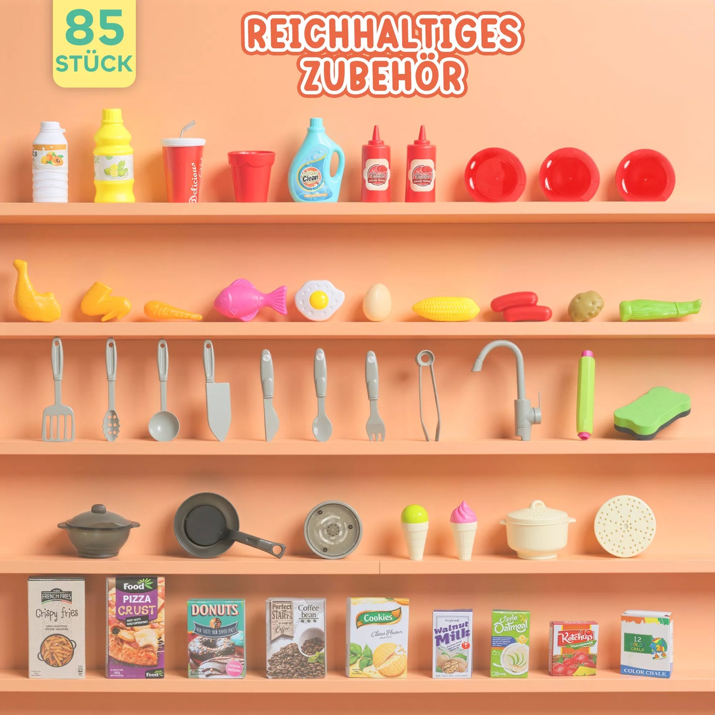 Žaislinė virtuvėlė su tekančiu vandeniu, 85 priedai, elektrinis maišytuvas, šviesos, garsai, vaikams nuo 3-6 metų, plastikas, žalia