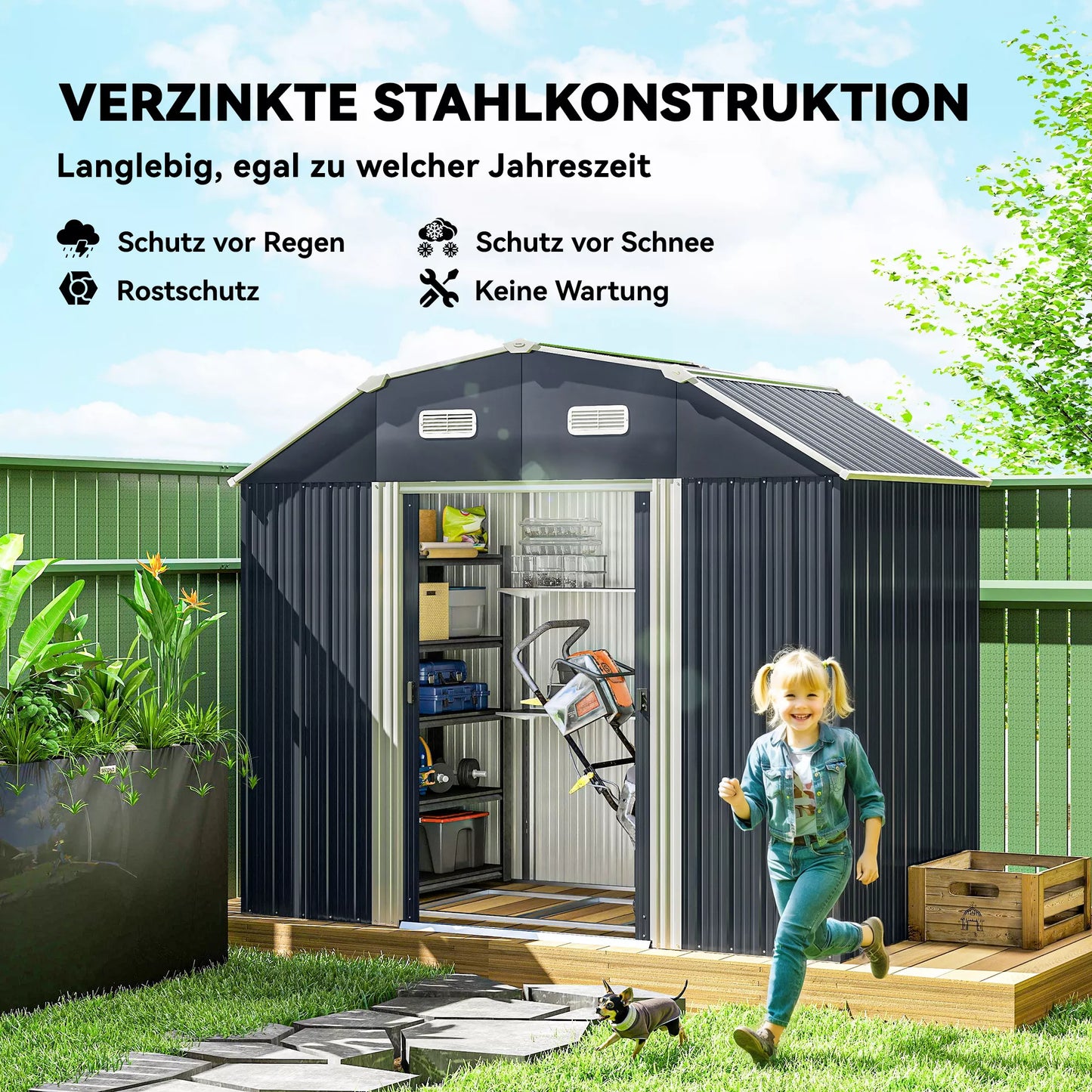 Sodo namelis, įrankių namelis, atsparus oro sąlygoms, 2 langai, 2 durys, 238 x 132 x 198,5 cm, tamsiai pilkas