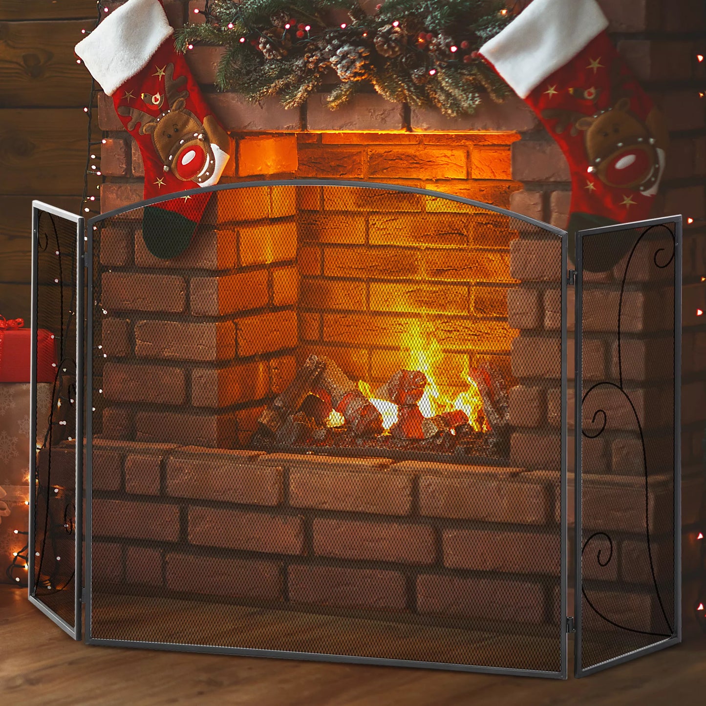 Apsauga nuo žarių židiniams, 3 skydeliai, sulankstoma, lanksti, metalinė, juoda, 132,5 x 76,5 cm