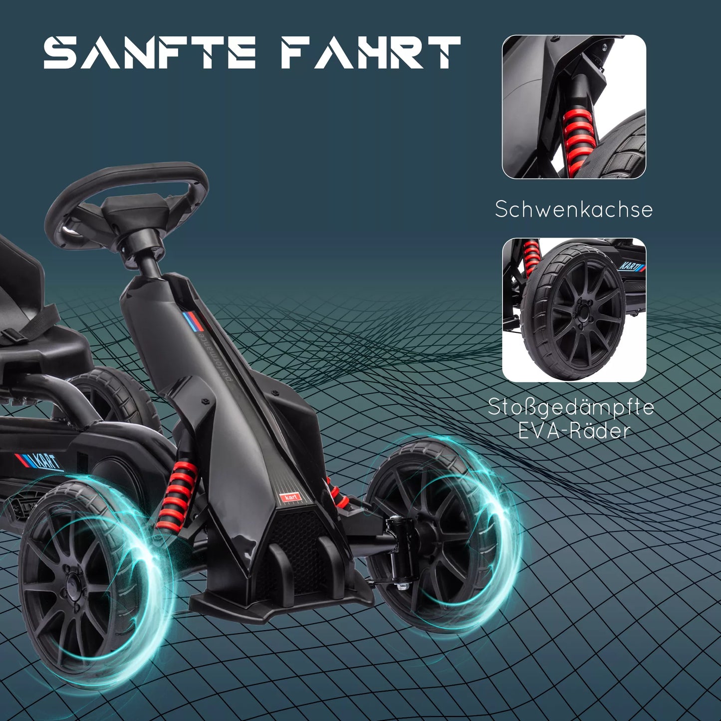 Go-Kart, vaikų transporto priemonė su reguliuojama sėdyne, pedalinė transporto priemonė, pedalinis automobilis su rankiniu stabdžiu, 3–8 metai, lauko, juoda