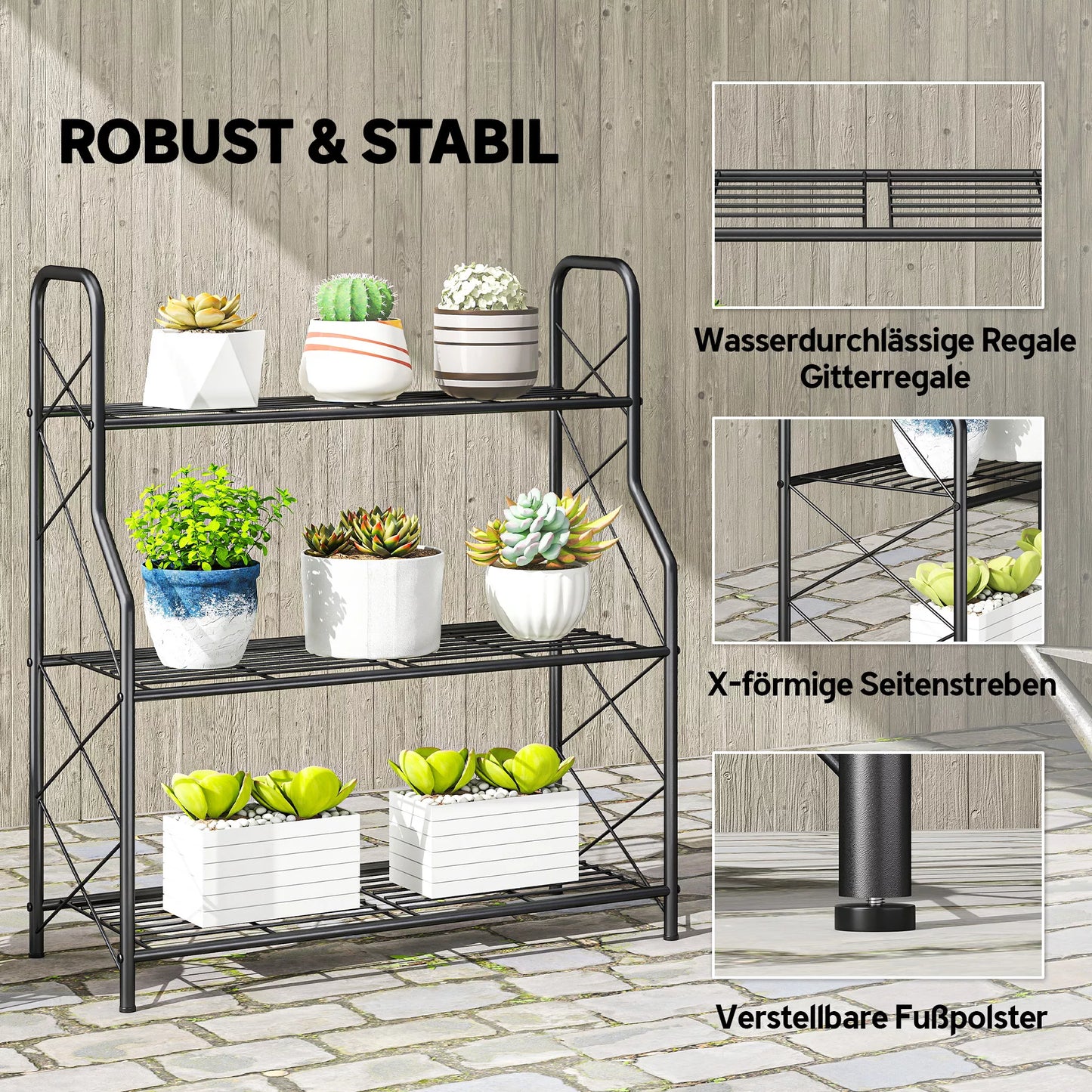 Augalų stovas, 3 aukštų gėlių stovas su rankenomis ir metalinėmis lentynomis, plienas, 78 cm aukščio, juoda