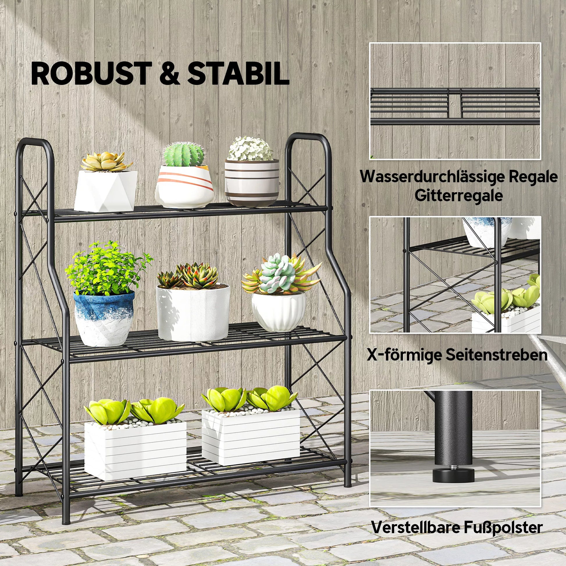 Augalų stovas, 3 aukštų gėlių stovas su rankenomis ir metalinėmis lentynomis, plienas, 78 cm aukščio, juoda