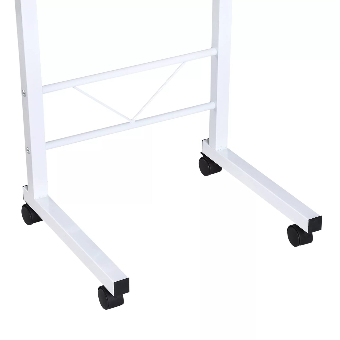 Reguliuojamo aukščio C formos staliukas ant ratukų su fiksavimo stabdžiais, mobilus staliukas prie sofos/lovos, medžio drožlių plokštės, plieno, geležies, plastiko, balta klevo spalva, 60 x 40 x 68-78 cm