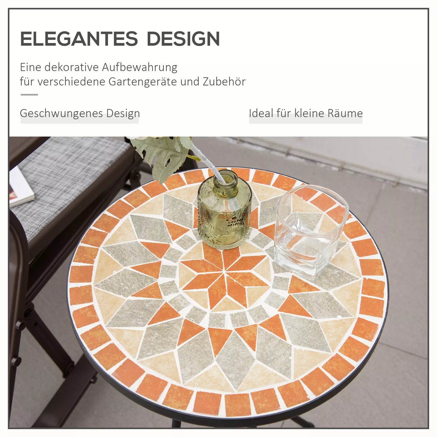 Tvirtas lauko staliukas Ø35,5cm apvalus, atsparus oro sąlygoms, tinklelio stiliaus balkono staliukas su mozaikos raštu, metalinis kempingo staliukas, kavos staliukas svetainei, biurui, lauke ir viduje, geltonas+pilkas