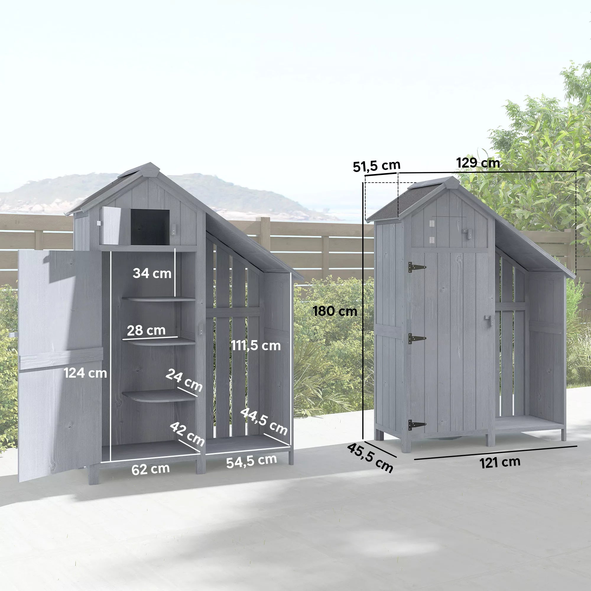 Sodo spintelė iš medžio, skirta lauko sąlygoms, atspari oro sąlygoms, su asfalto stogu ir vidine lentyna, 129 x 51,5 x 180 cm, pilkos spalvos