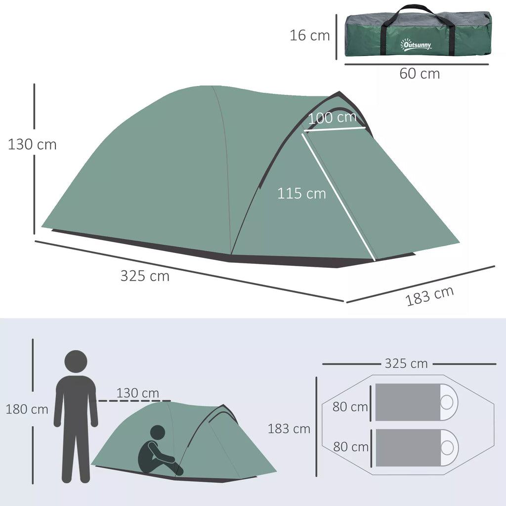Schema su palapinės matmenimis: 325 × 183 cm, aukštis 130 cm, krepšys 60 cm