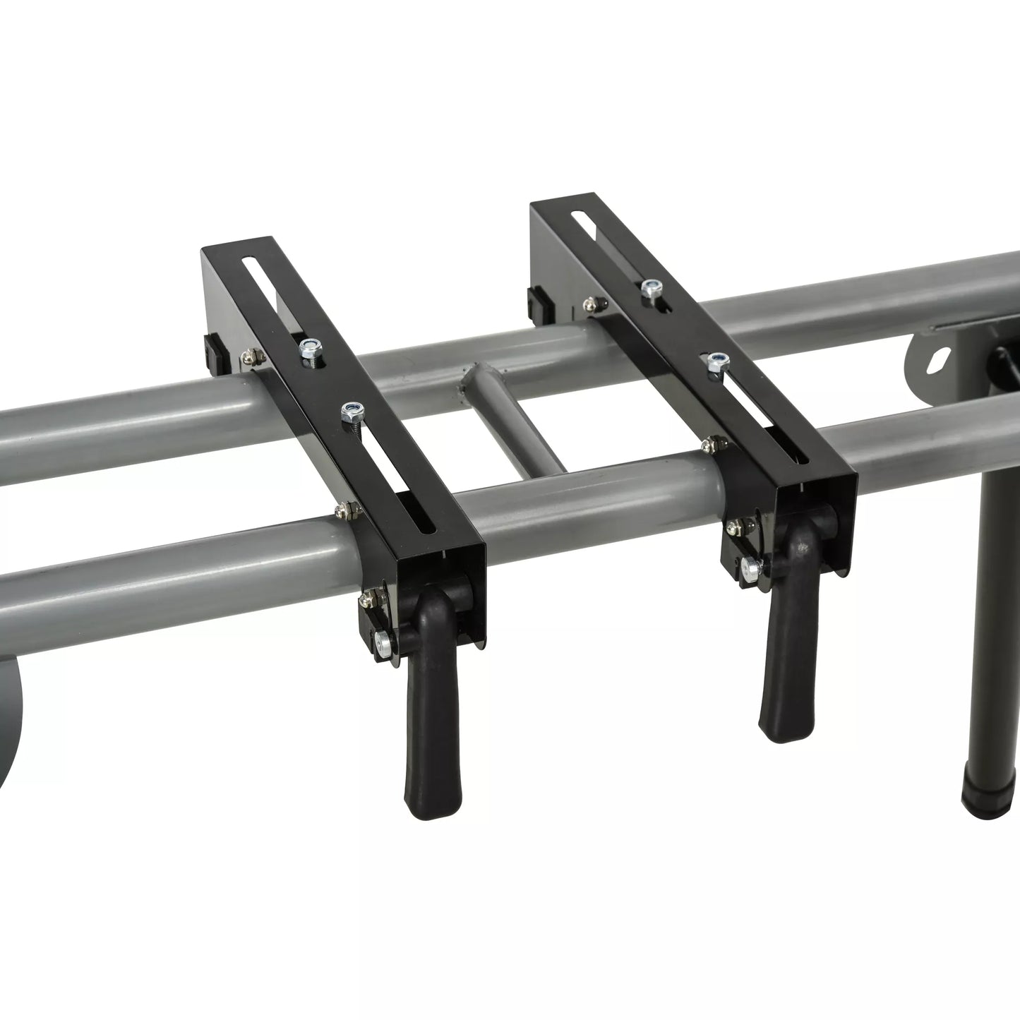 Stovas skersavimo pjūklams, darbastalis skersavimo ir kampinio pjovimo pjūklams, pjūklo stovas, plienas, juoda+sidabrinė, prailginimas šone 123,5–245 cm