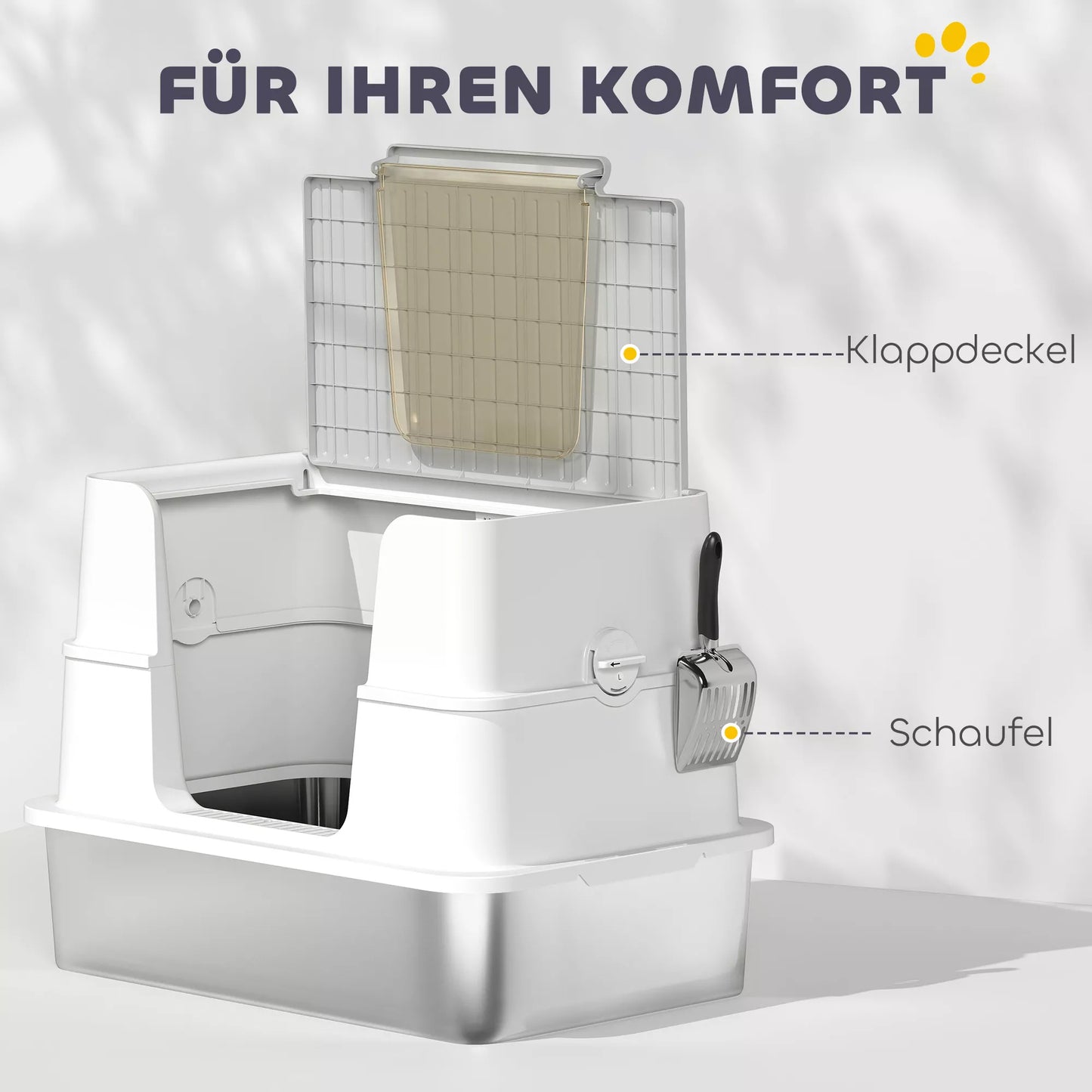 Kačių tualetas, nerūdijančio plieno, XL vidaus erdvė, su kastuvėliu, šviesiai pilkas