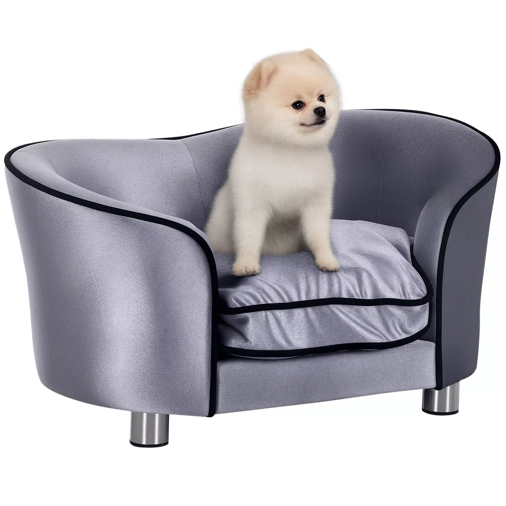 Šunų sofa, šunų lovelė, plaunamas sėdimoji pagalvėlė, pliušinis užvalkalas, natūralaus medžio rėmas, šviesiai pilkos spalvos, 69 x 49 x 38 cm