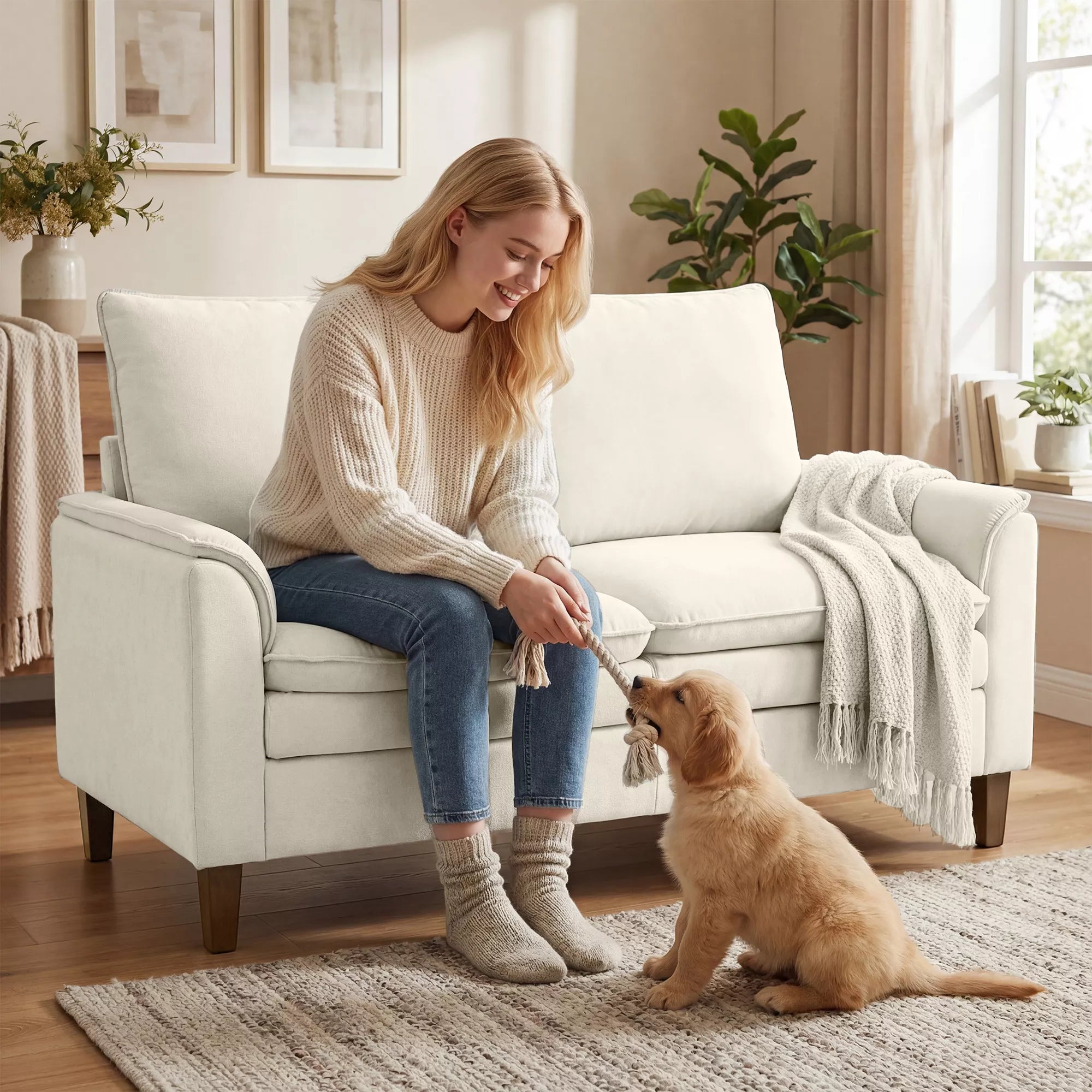 146 cm dvivietė sofa, šenilinė sofa su dviguba paminkštinimo sluoksniu, spyruoklinėmis pagalvėmis, gilia sėdimoji dalimi, aukšta atlošo dalimi, kreminės spalvos
